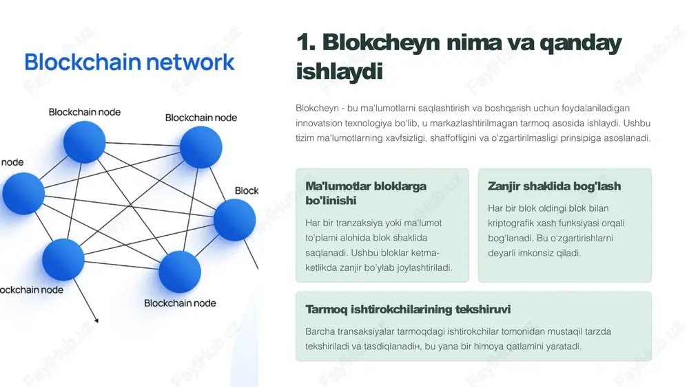 okcheyn texnologiyasi hozirda kriptovalyutalar, bank tizimlari, elektron ovoz berish, shartnomalar va hatto ta’lim sohasida ham qo‘llanilmoqda. u ochiqlik, ishonchlilik va xavfsizlikni ta’minlaydigan zamonaviy innovatsion texnologiya hisoblanadi. 2. blokcheynning asosiy afzalliklari blokcheyn texnologiyasi ko'plab sohalarda inqilobiy o'zgarishlar keltira oladi. uning afzalliklari amaliy qo'llanilishlarda aniq ko'rinib turadi va raqamli iqtisodiyotning rivojlanishiga muhim rol o'ynaydi. markazlashmagan boshqaruv va ishonch blokcheyn tizimida markaziy hakimiyat yo'q. ma'lumotlar buzilmaydi, shuning uchun ishonch darajasi juda yuqori bo'ladi. har bir ishtirokchi tizimga ishonch hisobiga qatnashadi. shaffoflik va kuzatuvchanlik har bir tranzaksiya ochiq va tekshiriladi. tizim barcha ishtirokchilarga to'liq auditsiya imkoniyatini beradi. yashirin operatsiya mavjud emas. kriptografik xavfsizlik ma'lumotlar zamonavoy kriptografik usullar bilan himoyalangan. o'z kalitni bilmagan shaxs tizimdagi ma'lumotni o'zgartira olmaydi va buzavetaladi. vaqt va xarajatni tejash o'rtaoschilarning ishtirok etishi yo'q. tizimdagi tranzaksiyalar tezroq amalga oshadi va xarajatlar sezilarli darajada kamayadi. 5 blokcheyn texnologiyasining asosiy afzalliklaridan biri bu uning yuqori darajadagi xavfsizligidir. ma’lumotlar markazlashmagan tarzda saqlangani sababli, ularni …
