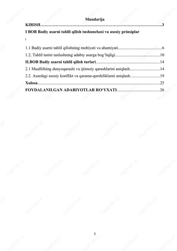 hlil qilishning turli usullari mavjud bo‘lib, ular orasida mazmunan tahlil, struktural tahlil, stilistik tahlil, xarakterologik tahlil, ijtimoiy-hayotiy tahlil, intertekstual va psixologik-estetik tahlil kabi yondashuvlar keng qo‘llaniladi. har bir tahlil turi asarga turlicha qarashni, uning turli qirralarini ochib berishni ta’minlaydi. badiy asarni tahlil qilish turlarini o‘rganish va ularning o‘ziga xos xususiyatlarini batafsil yoritishdir. ishning vazifalari quyidagilardan iborat: badiy asarni tahlil qilish tushunchasi va asosiy prinsiplari bilan tanishish, tahlil turlarining har birini tahlil qilish metodlari bilan birga o‘rganish, amaliy metodlarni ko‘rib chiqish orqali badiy asarni chuqurroq anglash imkoniyatlarini aniqlash. badiy asarni tahlil qilish nafaqat adabiy jarayonni tushunishga yordam beradi, balki o‘quvchi va tadqiqotchiga asardagi estetik, ijtimoiy va axloqiy qadriyatlarni aniqlashga, zamonaviy adabiy tafakkur asoslarini shakllantirishga xizmat qiladi. shu nuqtai nazardan, badiy asarni tahlil qilishning mohiyati va uning turli turlarini o‘rganish ilmiy va amaliy jihatdan dolzarb hisoblanadi. mavzuning dolzarbligi badiy asarni tahlil qilish bugungi kunda nafaqat adabiyotshunoslik fanida, balki ta’lim, madaniyat va pedagogika …