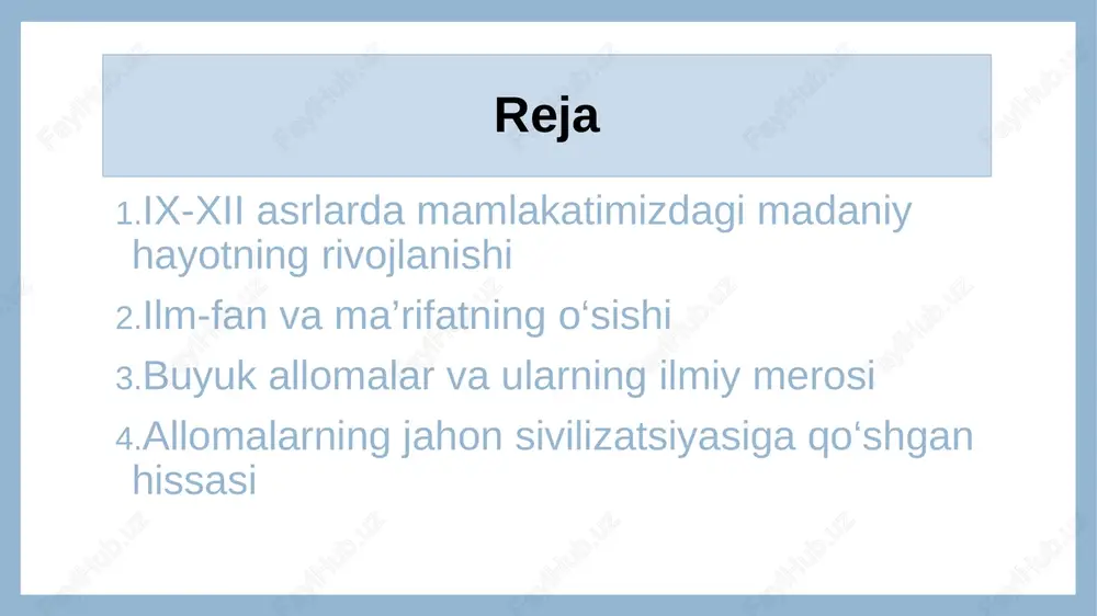 sharq xalqlari, musulmon sharqi madaniyatning yuqori cho’qqiga ko’tarilgani tarixdan ma’lum. italiyaning bu davlatlar bilan iqtisodiy– madaniy aloqalari yevropada renessans madaniyatining vujudga kelishida muhim rol o’ynagan. italiyaning sharqiy qo’shnisi bo’lgan ispaniyada esa musulmon madaniyatini bevosita rivoj ettirgan arab davlati–qordova xalifaligi deyarli xv asrlarga qadar davom etdi. bularning barchasi italiyada boshlangan renessans, uyg’onish madaniyati shakllanishida ix-xii asrlarda yaqin va o’rta sharq uyg’onish davri madaniyati, fani bilan uzviy bog’liqligini ko’rsatadi. xii-xv asrlarda italiyada muhammad xorazmiy, ahmad farg’oniy, marvoziy, farobiy, ibn sino, ibn rushd kabi mashhur sharq olimlarining asarlari lotin tiliga tarjima etildi, arab ilmiy yutuqlarini o’rganishga intilish kuchaydi. bu asarlar yevropaga keng tarqaldi va renessans madaniyatining muhim qismiga aylandi. ma’lumki, v asr oxiri va ix asr o’rtalariga kelib, arab xalifaligi sharqda eng rivojlangan imperiyaga aylandi. xalifalar mansur, xorun ar – rashid, ma’mun davrlarida xalifalikning markaziy shaharlari, xususan, bog’dod iqtisodiy va madaniy jihatdan eng rivojlangan shaharga aylandi. madaniyat, ilm-fan taraqqiy etdi. bu yerda turli …