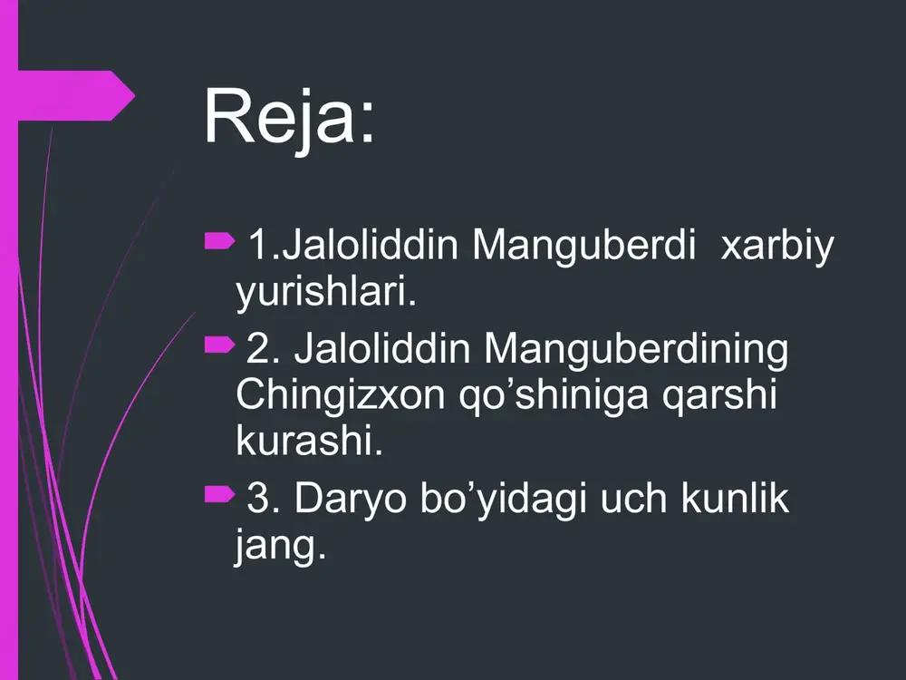 dofaa qobiliyatini mustahkamlashga ulkan hissa qo‘shgan qo‘mondonlik tarkibiga kiruvchi harbiy xizmatchilar ushbu yuksak mukofot bilan taqdirlanmoqdalar. ulug‘ sarkardaga ehtirom ramzi sifatida ta’sis etilgan mazkur ordenga eng so‘nggi bo‘lib o‘zbekiston respublikasi milliy xavfsizlik xizmatining davlat idoralarini himoya qilish qo‘mitasi chegara katerlari alohida bazasi sazovor bo‘ldi. o‘zbekiston prezidentining bu haqdagi farmoni joriy yilning 10 yanvarida e’lon qilindi. dunyo tarixidagi eng nomdor sarkardalar qatorida turuvchi jaloliddin manguberdi kabi jasur inson haqida biron so‘z aytish, kattami-kichikmi ilmiy yoki adabiy asar yozish o‘ta mushkul. negaki, har qancha go‘zal va betakror bo‘lmasin, ulug‘ sarkarda sha’niga aytilayotgan so‘zlar uning shavkati oldida kamdek tuyulaveradi. jalolidin manguberdining harbiy va siyosiy faoliyati murakkab va o‘ta ziddiyatlidir. jaloliddin manguberdi yurt boshiga og‘ir kulfatlar solgan mo‘g‘ullar bosqiniga qarshi mardonavor kurash olib bordi. 1219 yili chingizxon o‘rta osiyoga bostirib kirgan paytda mamlakat hukmdori sulton alouddin muhammad qo‘rqoqlik va no‘noqlik yo‘lini tutdi. oxir-oqibat xorazmshohning xato siyosati unga ham, yurt boshiga ham musibatlar keltirdi. vatan …