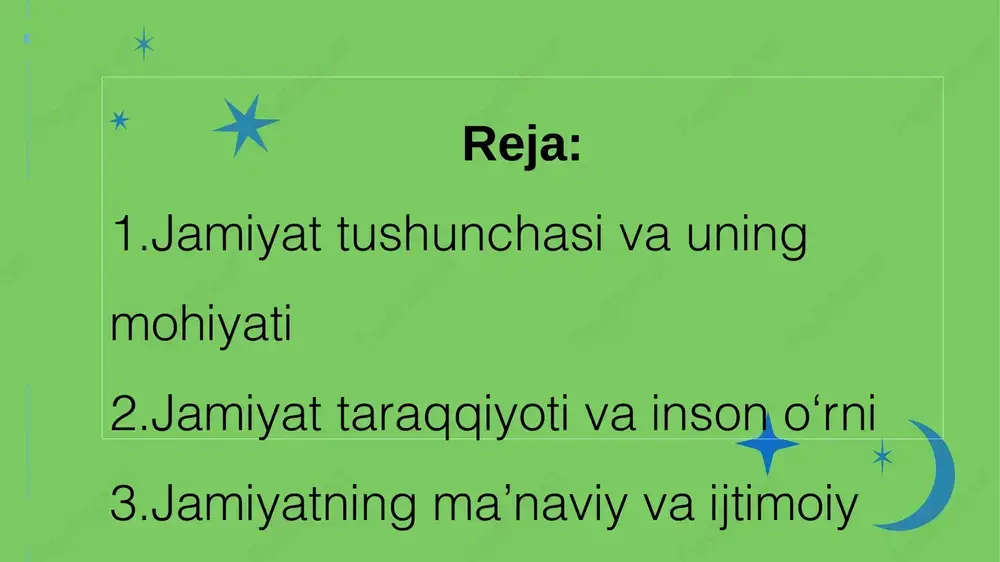 ing qonuniyatlari jamiyat taraqqiyoti — bu ijtimoiy hayotning doimiy o‘zgarish, yangilanish va rivojlanish jarayonidir. falsafa tarixida jamiyat taraqqiyotiga doir turli nazariyalar shakllangan: idealistik va materialistik yo‘nalishlar. 8 idealistik nazariyaga ko‘ra, jamiyat taraqqiyotining asosiy manbai g‘oya, ong va ma’naviyat hisoblanadi. materialistik nazariya esa iqtisodiy omillar, ishlab chiqarish kuchlari va ishlab chiqarish munosabatlarini asosiy harakatlantiruvchi kuch deb biladi. jamiyat rivojining asosiy qonuniyati — bu ijtimoiy munosabatlarning tarixiy zaruriyatga ko‘ra o‘zgarishidir. ijtimoiy jarayonlarda har bir avlod o‘zidan oldingi avlodning tajribasini o‘zlashtiradi va uni yanada rivojlantiradi. 9 inson va jamiyat munosabati inson — jamiyatning markaziy subyekti. u o‘z faoliyati bilan jamiyatni yaratadi, o‘zgartiradi va uni rivojlantiradi. shu bilan birga, jamiyat ham insonni shakllantiradi. jamiyatda yashash orqali inson o‘zining ijtimoiy mohiyatini anglaydi, mehnat, madaniyat, ta’lim va tarbiya orqali kamol topadi. 10 11 insonning ma’naviy rivoji jamiyatning ma’naviy darajasiga bevosita bog‘liqdir. agar jamiyatda adolat, erkinlik, huquq va tenglik qadriyatlari ustun bo‘lsa, u holda inson ham erkin …