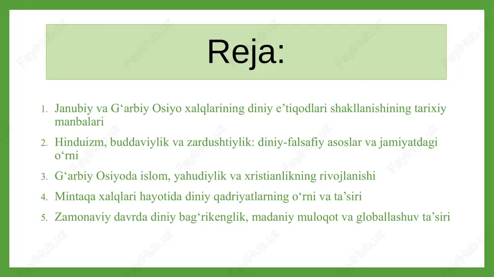 valgi 1500–1200-yillarda vedalar davrida shakllandi. hinduizmning asosiy manbalari — “veda”, “upanishad”, “mahabharata”, “ramayana” kabi muqaddas matnlardir. unda odamlarning ijtimoiy vazifasi va axloqiy majburiyatlarini belgilovchi “dharma” tushunchasi asosiy o‘rin tutadi. shuningdek, “karma” (amal natijasi), “sansara” (qayta tug‘ilish aylanishi) va “moksha” (ruhiy ozodlik) tushunchalari hinduizm falsafasining asosiy tayanchidir. hinduizmda brahma (yaratuvchi), vishnu (saqlovchi) va shiva (yo‘q qiluvchi) kabi xudolar markaziy o‘rinda turadi. ushbu din hindiston jamiyatining ijtimoiy tuzilishiga ham kuchli ta’sir ko‘rsatgan. ayniqsa, kastalar tizimi — jamiyatni to‘rt asosiy tabaqaga bo‘lish amaliyoti diniy asos bilan mustahkamlangan. buddaviylik esa miloddan avvalgi vi asrda hindistonda siddxarta gautama (budda) tomonidan asos solingan. buddaviylik insonni azob-uqubatdan xalos etish g‘oyasiga asoslanadi. budda ta’limotiga ko‘ra, azob sababi — insonning istaklari va nafsidir. azobdan qutulish uchun esa “to‘rt haqiqat” va “sakkiz yo‘l” yo‘li bilan ruhiy poklanish zarur. buddaviylik keyinchalik janubi-sharqiy osiyo, tibet, xitoy va yaponiyaga tarqaldi. u insonparvarlik, mehr-shafqat, tinchlik va bag‘rikenglikni targ‘ib qilgani uchun bugungi kunda ham ahamiyatini …