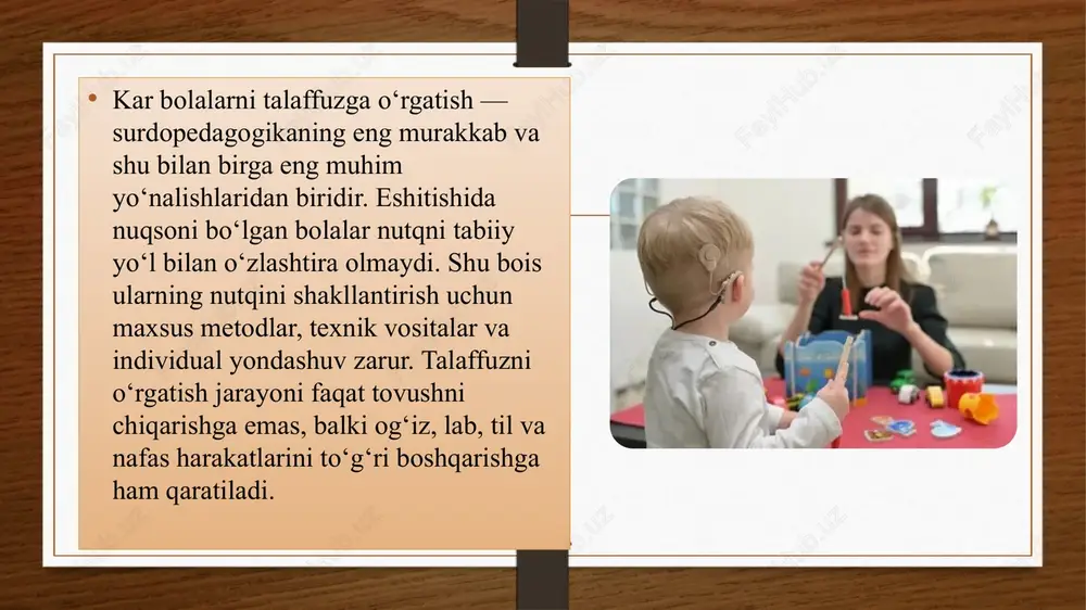 bular talaffuzni o‘rgatishda yordam beradi. individual, ko‘rgazmali,motivatsion va psixologik yondashuvlar samarali hisoblanadi. surdopedagog, logoped, psixolog va ota-onalar hamkorligi orqali barqaror natijaga erishiladi. “tovushni top”, “oyna qarshi mashqlari”, “lab harakatini top” mashqlari talaffuzni mustahkamlaydi. xulosa kar bolalarni talaffuzga o‘rgatish – uzoq muddatli, ammo ijtimoiy jihatdan muhim jarayon. har bir pedagog bu jarayonda mehr, sabr, tizimli metodika va texnik vositalardan to‘liq foydalanishi kerak. image8.jpeg image9.jpeg image10.jpeg image11.jpeg image12.jpeg image13.jpeg image14.jpeg image15.jpeg image16.jpeg image17.jpeg image3.png image4.png /docprops/thumbnail.jpeg