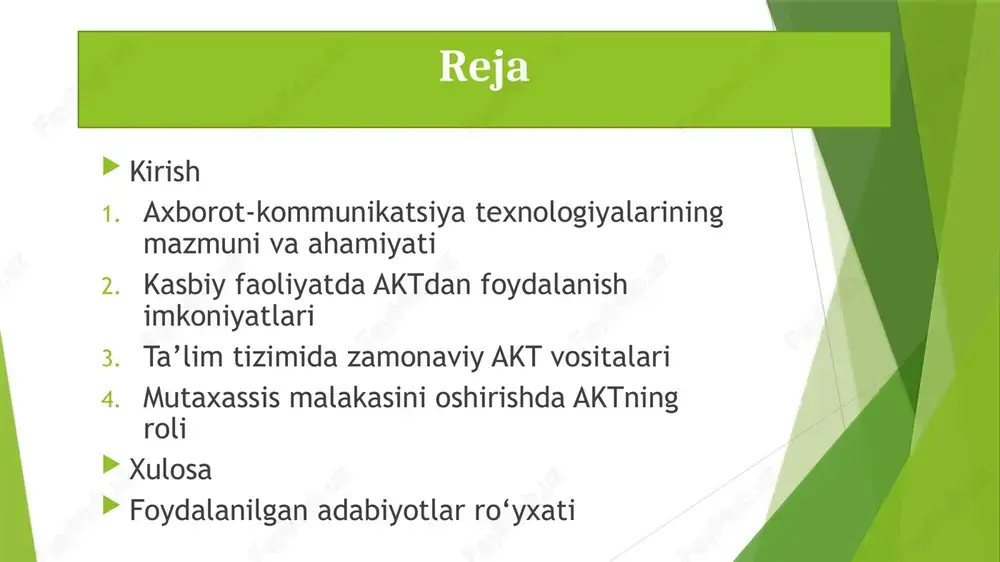 lektron kutubxonalar, test tizimlari va sun’iy intellekt yordamida o‘qitish texnologiyalari o‘quvchi va o‘qituvchi o‘rtasidagi aloqani yangi bosqichga olib chiqdi. shu bilan birga, akt o‘quv jarayonining individuallashtirilishini, masofaviy ta’lim imkoniyatlarini kengaytiradi. biznes jarayonlarida aktdan foydalanish raqobatbardoshlikni oshiradi, xarajatlarni kamaytiradi va mijozlar bilan samarali aloqa o‘rnatadi. elektron tijorat, crm tizimlari, marketing analitikasi va avtomatlashtirilgan boshqaruv platformalari korxona samaradorligini keskin oshiradi. bulutli xizmatlar esa ma’lumotlarni xavfsiz saqlash va ulardan istalgan joyda foydalanish imkonini beradi. davlat boshqaruvida aktning joriy etilishi “elektron hukumat” tizimi orqali fuqarolarga tez, shaffof va samarali xizmat ko‘rsatish imkonini yaratdi. bu jarayon korrupsiya xavfini kamaytiradi, hujjatlar aylanishini avtomatlashtiradi va fuqarolarning davlat bilan o‘zaro aloqasini soddalashtiradi. kasbiy rivojlanishda aktning ahamiyati mutaxassislar uchun akt ko‘nikmalariga ega bo‘lish bugungi kunda zaruriy shart hisoblanadi. raqamli savodxonlik darajasi yuqori bo‘lgan kadrlar mehnat bozorida talabgir bo‘lmoqda. aktdan to‘g‘ri foydalanish kasbiy samaradorlikni oshiradi, ishda ijodkorlik va tashabbuskorlikni kuchaytiradi. ba’zi sohalarda akt infratuzilmasining yetishmasligi, kadrlarning tayyorgarligi pastligi, texnik vositalarning …