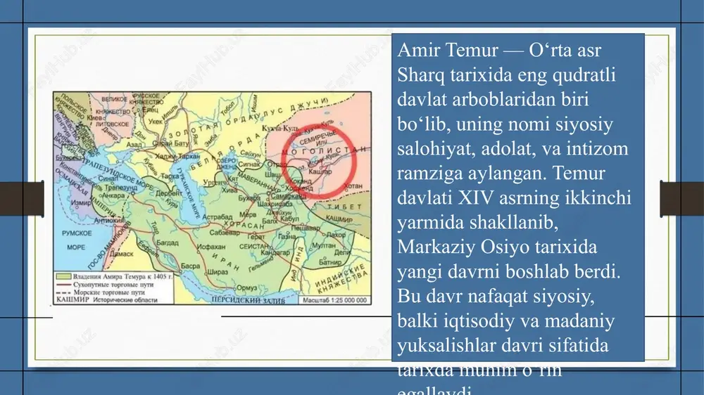 andi.samarqand “temuriylar renessansi”ning yuragi bo‘ldi. 7 8 amir temur markazlashgan davlat tuzdi: markaziy hokimiyat — temurning o‘zi boshchiligida; divon — davlat ishlarini yurituvchi idora; harbiy kengash — strategik qarorlar qabul qiluvchi organ; viloyatlar — amirlar tomonidan boshqarilgan. bu tizim kuchli tartib va nazoratni ta’minladi. temur davlatni boshqarish qonun-qoidalarini yozma tarzda belgilab chiqdi.bu asar keyinchalik “temur tuzuklari” nomi bilan mashhur bo‘ldi. 9 harbiy intizom; soliq va adliya tizimi; hokimlar va amirlar mas’uliyati; fuqarolarning huquqlari haqida qoidalar belgilangan. temur davlati kuch-qudratini harbiy intizom va strategik siyosat orqali mustahkamladi. u qo‘shinini 10, 100, 1000 va 10 000lik bo‘linmalarga ajratdi. har bir askar jasorat va sadoqat bilan baholandi. harbiy yurishlar orqali u markaziy osiyo, eron, afg‘oniston, hindiston, iroq va suriya hududlarini o‘z tasarrufiga oldi. 10 amir temur o‘z davlatining hududiy yaxlitligini mustahkamlab, uni xalqaro miqyosda nufuzli davlatga aylantirdi.u eron, iroq, suriya, kichik osiyo, kavkaz, rossiya janubi va hindistongacha yurishlar olib bordi.bu yurishlar orqali u …