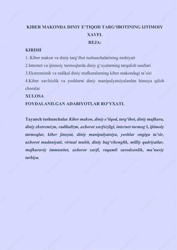 ada shakllanmagani ularni diniy manipulyatsiyalarga moyil holatga keltiradi. shu nuqtai nazardan, diniy e’tiqod targ‘ibotining kiber makondagi ko‘rinishlarini o‘rganish, ularning jamiyatga ijobiy va salbiy ta’sirini tahlil etish, bu jarayonning ijtimoiy xavfini kamaytirish chora-tadbirlarini belgilash bugungi kunning dolzarb masalalaridan biri hisoblanadi. zero, kiber makon inson ongiga bevosita kirib boradigan, chegarasiz axborot oqimlari maydonidir. bu maydonda diniy targ‘ibotlar ongli boshqaruvsiz olib borilsa, natijada ijtimoiy qarama-qarshilik, diniy mutaassiblik, ekstremistik kayfiyatlar kuchayadi. shu sababli bu mavzu nafaqat diniy sohada, balki axborot xavfsizligi, ta’lim, tarbiya va ma’naviy siyosat nuqtayi nazaridan ham o‘ta muhimdir. 1. kiber makon va diniy targ‘ibot tushunchalarining mohiyati. kiber makon va diniy targ‘ibot tushunchalari bugungi globallashuv davrida jamiyat hayotining eng dolzarb masalalaridan biri sifatida qaralmoqda. axborot texnologiyalari shiddat bilan rivojlanayotgan hozirgi davrda inson faoliyatining deyarli barcha sohalari internet tarmog‘i bilan chambarchas bog‘lanib qoldi. kiber makon bu nafaqat texnik tizimlar yig‘indisi, balki u o‘zida ma’naviy, madaniy va mafkuraviy jarayonlarni ham mujassam etgan murakkab ijtimoiy …