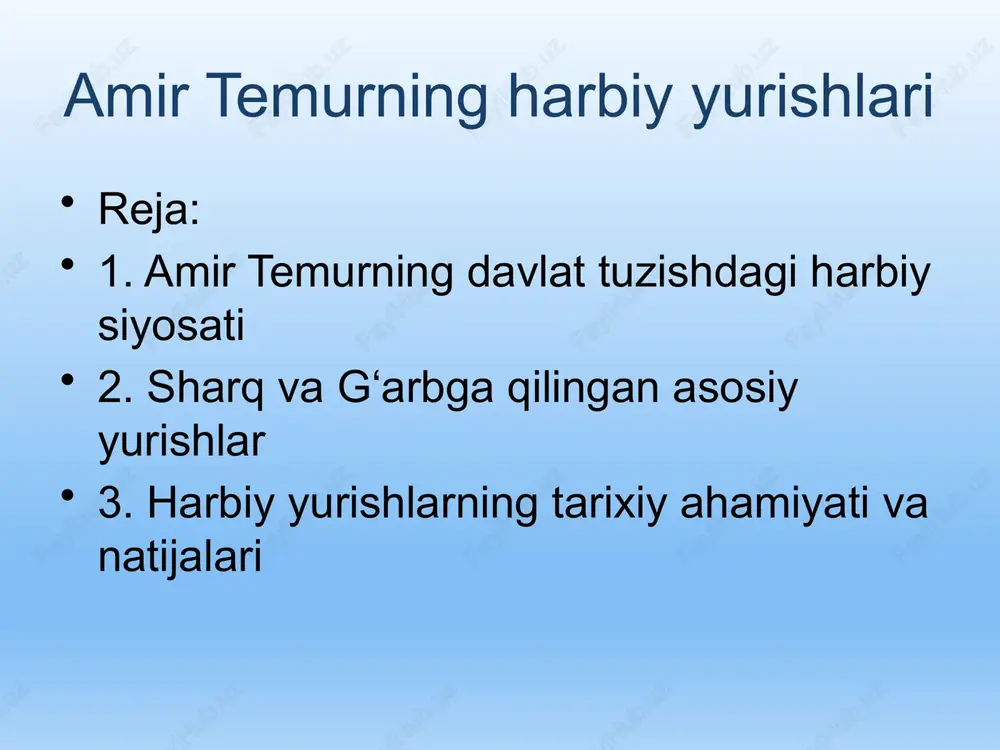 iy intizom amir temur qo‘shinida qat’iy intizom hukmron edi. jasoratli askarlar mukofotlangan, buyruqni bajarmaganlar jazolangan. iqtisodiy ta’siri yurishlar natijasida savdo yo‘llari tiklandi, samarqand xalqaro markazga aylandi. davlat xazinasi to‘ldi va ko‘plab inshootlar qurildi. madaniy aloqalar temur xitoy, fransiya, ispaniya va misr bilan elchilik aloqalarini o‘rnatgan. bu saltanat nufuzini oshirdi. tarixiy ahamiyati temur yurishlari movarounnahrni mustahkamladi, madaniyat va ilm-fan rivojiga zamin yaratdi. xulosa va adabiyotlar amir temur yurishlari buyuk tarixiy hodisa. u adolat va tartibni tiklashga intilgan. foydalanilgan adabiyotlar: 1. temur tuzuklari 2. a. rasulov. amir temur va temuriylar davri tarixi 3. o‘zbekiston tarixi darsligi 4. m. sodiqov. buyuk sarkarda – amir temur 5. www.ziyonet.uz e’tiboringiz uchun tashakkur! image1.jpeg image2.jpeg image3.jpeg image4.jpeg image5.jpeg image6.png image7.jpeg image8.jpeg image9.jpeg image10.jpeg image11.jpeg image12.jpeg image13.jpeg image14.jpeg image15.jpeg image16.jpeg image17.jpeg image18.jpeg /docprops/thumbnail.jpeg