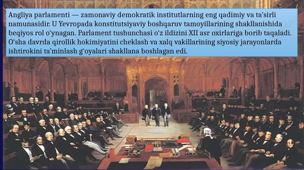 ama muvofiqlik asosida qabul qilina boshladi. 6 parlamentning rivojlanishida tudorlar sulolasining (1485–1603) siyosiy islohotlari katta ahamiyat kasb etdi. ayniqsa, genrix viii davrida cherkov va davlat o‘rtasidagi aloqalar o‘zgartirilib, milliy cherkov — anglikan cherkovi tashkil etildi. bu o‘zgarish parlamentning diniy siyosatdagi ta’sirini kuchaytirdi. 7 elizaveta i davrida parlament tashqi siyosat masalalarida faol ishtirok etgan. ayniqsa, ispaniya bilan urushlar va dengiz savdosi siyosatida jamoatlar palatasi tobora mustaqil pozitsiyani egallay boshlagan. shu bilan birga, parlament xalq manfaatlarini himoya qiluvchi institut sifatida mustahkamlandi. 8 xvii asrda parlament bilan monarxiya o‘rtasidagi keskin ziddiyat angliya fuqarolar urushiga sabab bo‘ldi. qirol karl i ning mutlaq hokimiyatga intilishi jamoatlar palatasi tomonidan rad etildi. 1649-yilda karl i qatl etilib, oliver kromvel boshchiligida respublika e’lon qilindi. bu hodisa angliya siyosiy tarixida burilish davri bo‘ldi. 9 kromvel davridagi tajribalar parlament rolini vaqtincha susaytirgan bo‘lsa-da, monarxiyaning qayta tiklanishi bilan (1660-yil) parlament yana faoliyatini davom ettirdi. 1688-yilda sodir bo‘lgan “shonli inqilob” natijasida konstitutsiyaviy …