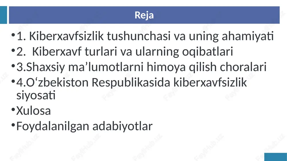 r yaratish yoki shaxsning obro‘siga putur yetkazish hollari tez-tez uchraydi. 6 shuning uchun shaxsiy ma’lumotlarni saqlash va himoya qilish har bir foydalanuvchining ustuvor vazifasidir. kiberxavflar va ularning oqibatlari kiberxavflar — bu axborot tizimlariga zarar yetkazish, ma’lumotlarni o‘g‘irlash yoki yo‘qotishga qaratilgan tahdidlardir. ularning eng keng tarqalgan turlari quyidagilar: zararli dasturlar (virus, troyan, ransomware), fishing, ijtimoiy muhandislik, ddos hujumlar. bunday xavflarning oqibatida ma’lumotlar o‘chirib yuborilishi, foydalanuvchilarning moliyaviy zararga uchrashi yoki obro‘siga zarar yetishi mumkin. masalan, 2023-yilda dunyo bo‘yicha kiberjinoyatlardan kelgan zarar 8 trillion dollardan oshgani qayd etilgan. kiber hujumlarning misollari kiberhujumlarning turlari juda ko‘p va ularning ba’zilari real hayotda katta oqibatlarga olib kelgan. masalan, 2017-yilda “wannacry” nomli virus 150 mamlakatdagi kompyuterlarni ishdan chiqargan va milliardlab zarar yetkazgan. o‘zbekistonda ham ayrim tashkilotlar kiberxavflarga duch kelgan, ammo maxsus xizmatlar bu tahdidlarni bartaraf etishda faol ish olib borishmoqda. bu holatlar kiberxavfsizlikning global va mahalliy ahamiyatini yana bir bor isbotlaydi. shaxsiy ma’lumotlarni himoya qilish choralari shaxsiy …