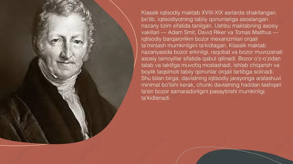 oshqarish tamoyili sifatida qabul qilmaydi va iqtisodiy tizimni ijtimoiy adolat asosida qayta tashkil etishni taklif qiladi. 1 fevralya 20xx 5 monetarizm esa pul massasini nazorat qilish va inflyatsiyani oldini olishga urg‘u beradi. milton friedman asoschisi bo‘lgan ushbu maktab, davlatning aralashuvi minimal bo‘lishi kerakligini ta’kidlab, iqtisodiy barqarorlikni pul nazorati orqali saqlashga e’tibor beradi. monetarizm ilmiy-publistik nuqtai nazardan iqtisodiy jarayonlarda barqarorlikni ta’minlash va inflyatsiyani nazorat qilish vositasini ilgari suradi. shuningdek, institutsional maktab iqtisodiy jarayonlarni ijtimoiy va institutsional omillar bilan tushuntiradi. bu yondashuvga ko‘ra, bozor o‘z-o‘zidan barqaror bo‘lmaydi, qonun, odat, madaniyat va tashkilotlar iqtisodiy rivojlanishga sezilarli ta’sir qiladi. institutsional maktab iqtisodiy jarayonlarni faqat bozor tamoyillari bilan emas, balki ijtimoiy institutlar va madaniyat orqali ham tahlil qilish zarurligini ta’kidlaydi. klassik va muqobil yondashuvlarni taqqoslaganda quyidagi xulosalarni olish mumkin. klassik maktab bozor erkinligi va raqobatni asosiy tamoyil sifatida qabul qiladi, muqobil maktablar esa davlat aralashuvi, ijtimoiy adolat, pul nazorati va institutsional omillarni hisobga oladi. zamonaviy …