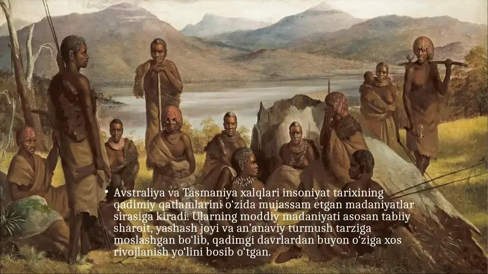 klar ham toshdan yasalgan oddiy asboblardan foydalanganlar. ular metall ishlov texnologiyasini bilmagan, lekin o‘tkir tosh asboblar bilan baliq tutish va ovchilikda yuqori mahorat ko‘rsatganlar. avstraliya va tasmaniya xalqlari asosan yovvoyi hayvonlar, baliqlar va o‘simlik ildizlari bilan oziqlanganlar. ular oziq-ovqatni saqlash va pishirishda oddiy usullardan – olovda qovurish yoki yer osti tandirlaridan foydalanishgan. ushbu xalqlarning amaliy san’ati turli naqsh va rasmlar bilan ajralib turgan. ular tosh, g‘or devorlari va tana yuzasiga ramziy ma’noga ega bo‘lgan rasmlar solishgan. bu san’at diniy va marosimiy ahamiyat kasb etgan. avstraliya xalqlari suv yo‘llarida suzish uchun oddiy kanoe va daraxt po‘stlog‘idan yasalgan qayiqchalardan foydalanishgan. tasmaniya orolida esa suv transporti deyarli bo‘lmagan, chunki ular orol hududida ichki quruqlikda yashashgan. hozirgi kunda avstraliya aborigenlari va tasmaniyaliklar orasida an’anaviy madaniyat unsurlari saqlanib qolgan bo‘lsa-da, ular zamonaviy turmush tarziga moslashgan. ularning qo‘lda yasalgan mahsulotlari turistik va madaniy ahamiyatga ega. xulosa avstraliya va tasmaniya xalqlarining moddiy madaniyati insoniyat tarixida o‘ziga xos …
