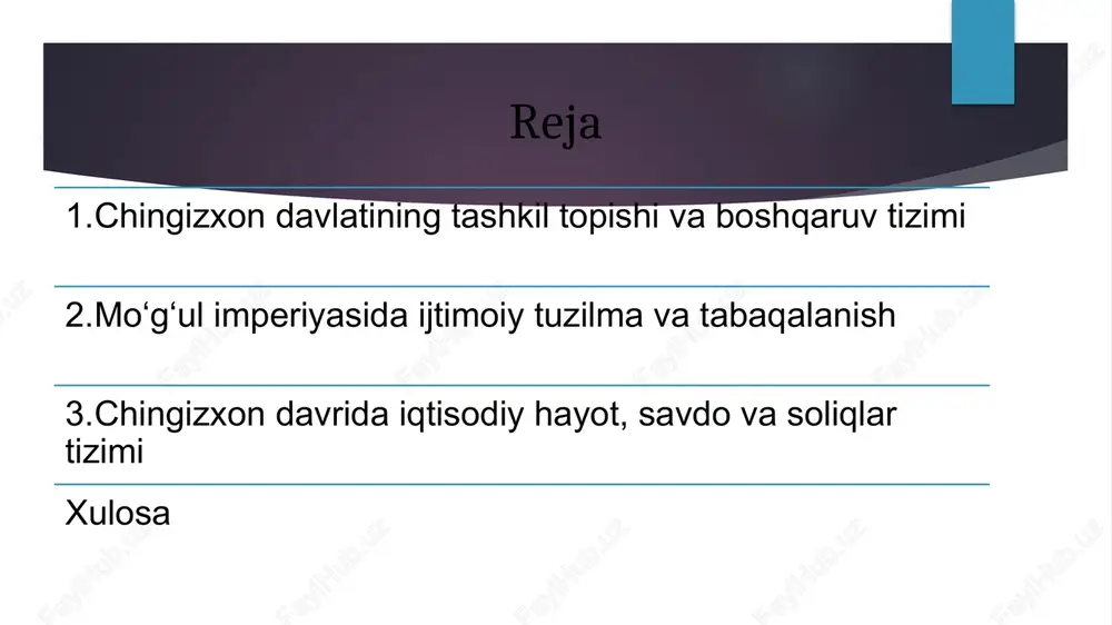 imiyati ostida birlashtirib, “buyuk xon” – ya’ni chingizxon unvonini oldi. shu yildan boshlab mo‘g‘ul imperiyasi tarix sahnasiga chiqdi.chingizxon davlatining tashkil topishi o‘ziga xos siyosiy tizim va boshqaruv shakllari bilan ajralib turardi. u markazlashgan boshqaruvni yo‘lga qo‘ydi, qat’iy qonun-qoidalar majmuasini – “yoso” deb atalgan qonun tizimini yaratdi. bu qonunlar orqali tartib-intizom, sadoqat va adolat tamoyillari kuchaytirildi. harbiy tizim esa o‘nlik, yuzlik, minglik va tumanlik birliklariga bo‘lingan bo‘lib, bu tartib harbiy boshqaruvning yuqori darajada samarali bo‘lishini ta’minladi.mo‘g‘ul imperiyasining kuchayishida chingizxonning harbiy strategiyasi va diplomatik siyosati katta ahamiyat kasb etdi. u o‘z raqiblariga nisbatan harbiy kuch bilan bir qatorda diplomatik yo‘llarni ham qo‘llay olgan xon o‘z qo‘shinlarini doimiy tayyorgarlikda saqlab, intizomni kuchaytirgan. har bir jang oldidan razvedka ishlari olib borilgan, jang taktikasi hududning relefiga, dushman soniga va iqlim sharoitiga qarab belgilanardi.chingizxon o‘z davrida sharq va g‘arb o‘rtasidagi iqtisodiy va madaniy aloqalarni kengaytirdi. u xitoy, markaziy osiyo, eron, kavkaz va sharqiy yevropaga yurishlar olib …