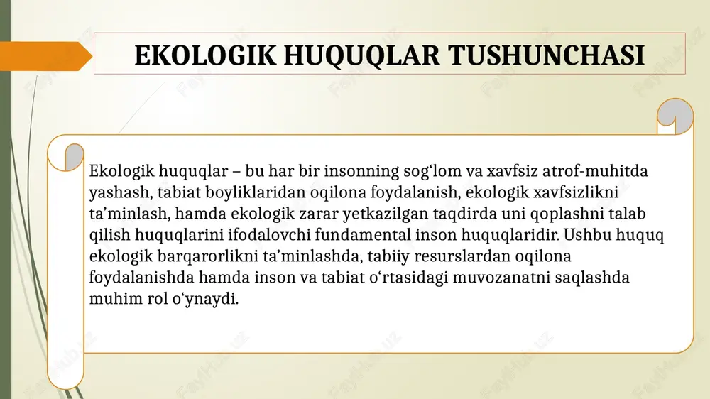 uqi — fuqarolarning ekologik ahvol to‘g‘risidagi ma’lumotlardan foydalanish imkoniyatiga ega bo‘lishi. ekologik qarorlar qabul qilishda ishtirok etish huquqi — aholining ekologik siyosatga oid qarorlar muhokamasida qatnashish imkoniyati. zararni qoplash huquqi — ekologik falokat yoki korxonalarning faoliyati natijasida sog‘liqqa yoki mulkka yetkazilgan zararni qoplashni talab qilish huquqi. bu huquqlar xalqaro konvensiyalar bilan mustahkamlangan bo‘lib, ular fuqarolarning ekologik xavfsizlik darajasini belgilovchi asosiy me’yorlardir. o‘zbekiston respublikasida ekologik huquqlarning huquqiy asoslari bir qator qonunlarda o‘z aksini topgan. eng asosiylaridan biri — “atrof-muhitni muhofaza qilish to‘g‘risida”gi qonun (1992-yil 9-dekabr) bo‘lib, unda ekologik huquqlarni ta’minlash, tabiatdan foydalanishning tartibi va nazorat mexanizmlari belgilangan. shuningdek, “yer kodeksi”, “suv kodeksi”, “o‘rmon kodeksi”, “hayvonot dunyosini muhofaza qilish to‘g‘risida”gi qonunlar ham ekologik huquqlarning tarkibiy qismini tashkil etadi. ekologik huquqlar quyidagi turlarga bo‘linadi: shaxsiy ekologik huquqlar – insonning toza havo, suv, oziq-ovqat va yashash joyining ekologik xavfsizligini talab qilish huquqi. ijtimoiy ekologik huquqlar – jamoatchilikning ekologik nazoratda, muhokamalarda, ekologik harakatlarda ishtirok etish …