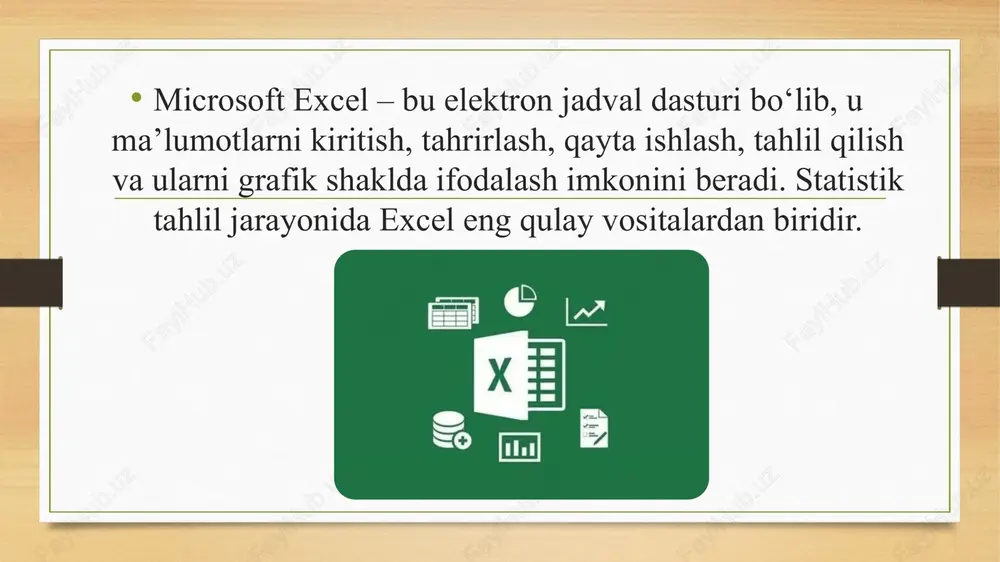 muhim – u ma’lumotlar orasidagi bog‘liqlikni ochib beradi. excelning afzalliklari: qulay interfeys, avtomatik hisob-kitoblar, tezkor tahlil. excel dasturi statistik tahlilni oson, aniq va vizual shaklda amalga oshirish imkonini beradi. image7.jpeg image8.jpeg image9.jpeg image10.jpeg image11.jpeg image12.jpeg image13.jpeg image14.jpeg image15.jpeg image16.jpeg image17.jpeg image18.jpeg image19.jpeg image20.jpeg image21.jpeg image22.jpeg image23.jpeg image3.png image4.png /docprops/thumbnail.jpeg