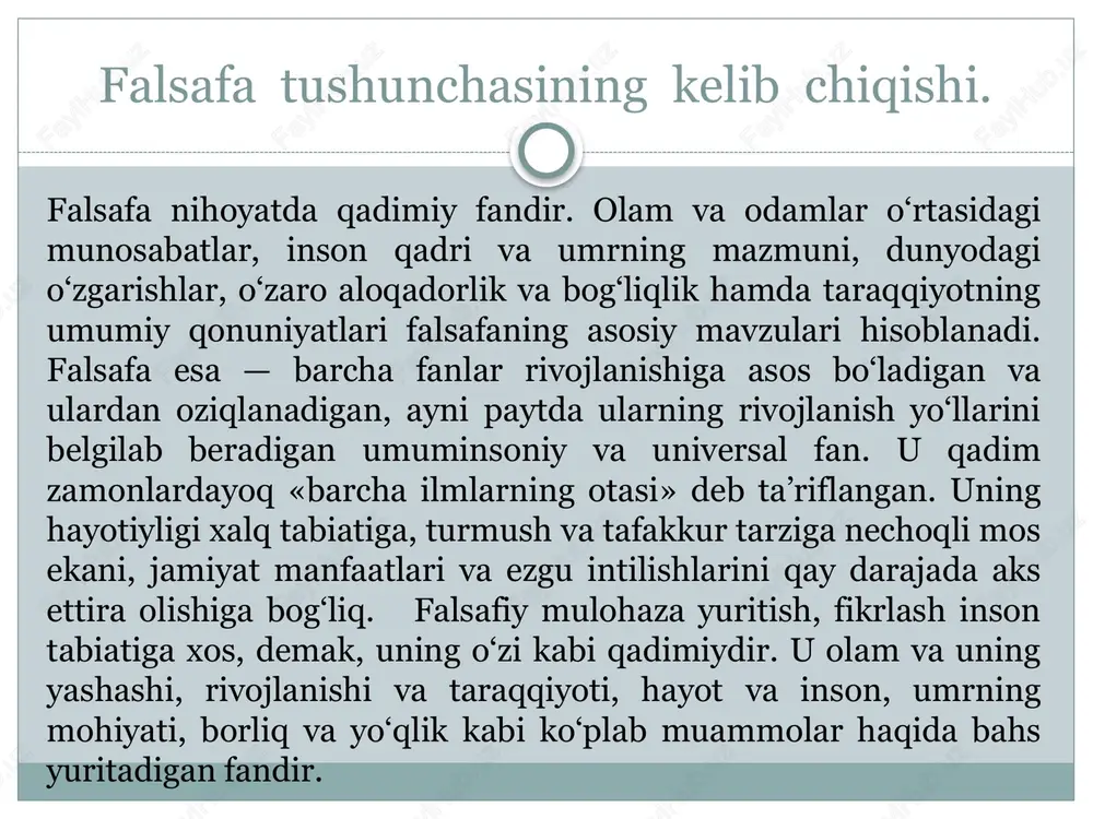 xi ham o‘z alohida predmetiga ega. shu tufayli ham falsafa predmetini faqat o‘ta abstrakt tushunchalar yordamida belgilash mumkin. suu ma’noda «dunyo – inson» munosabatlari tizimidagi umumiylik falsafaning predmeti hisoblanadi, degan fikr mazkur talablarga javob beradi. qadimgi yunonistonda «filosofiya» atamasini dastlab, matematika fani orqali barchamizga yaxshi mahlum bo‘lgan, buyuk alloma pifagor ishlatgan. evropa madaniyatiga esa, u buyuk yunon faylasufi aflotun asarlari orqali kirib kelgan. shu tariqa, u avvalo, qadimgi yunonistonda alohida bilim sohasiga, tug‘rirog‘i, «fanlarning otasi», yahni asosiy fanga aylangan. falsafaning asosiy funksiyalari dunyoqarashni shakllantirish gnoseologik metodologik integrativ madaniy aksiologik axloqiy «filosofiya» atamasi va u ifoda etadigan bilimlar majmui qadimgi yunoniston va rimda eramizdan avvalgi vii-iii asrlarda yuz bergan buyuk yuksalish natijasi sifatida yuzaga kelgan edi. o‘sha davrda endigina shakllanib kelayotgan nazariy fikrning ifodasi falsafiy tafakkur olamni yaxlit va bir butun holda tushunish mujassamiga aylangan edi. qadimgi yunonistonda «filosofiya» atamasini dastlab, matematika fani orqali barchamizga yaxshi ma’lum bo‘lgan, buyuk alloma pifagor …