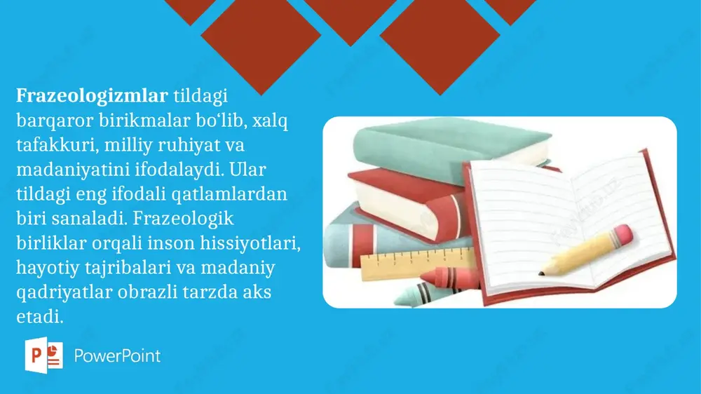sin”, “qulog‘ingga oltin sirga” kabi iboralar xalq madaniyatining ajralmas qismidir. 10 11 frazeologik birliklarda ma’no butunligi, ko‘p qatlamlilik va obrazlilik asosiy belgilardir. ular tildagi estetik ifoda imkoniyatlarini kengaytiradi, nutqni ta’sirchan qiladi. frazeologizmlarni boshqa tilga tarjima qilishda ma’no buzilishi xavfi mavjud. shu sababli tarjimon iboraning milliy-madaniy konnotatsiyasini saqlagan holda mos ekvivalent topishi kerak. 12 13 frazeologizmlar adabiy asarlarda qahramon nutqini jonlantiradi, hissiyot ifodasini kuchaytiradi. ular tilning obrazli, ta’sirli qatlamini tashkil etadi. ko‘plab frazeologizmlar maqol, matal va ertaklardan kirib kelgan. ular xalq hayotiy tajribasini, axloqiy qarashlarini ifodalaydi. shu bois ularni o‘rganish milliy qadriyatlarni anglash bilan bog‘liq. 14 frazeologizmlar o‘quvchilarda til sezgirligi va nutq madaniyatini rivojlantiradi. ularni o‘rganish orqali yoshlar milliy tafakkur, qadriyat va estetik hisni chuqurroq anglaydilar. image1.png image8.jpeg image9.jpeg image10.jpeg image11.jpeg image12.jpeg image13.jpeg /docprops/thumbnail.jpeg
