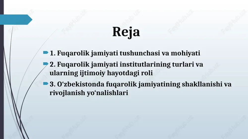o‘z va e’tiqod erkinligi, jamoat birlashmalari faoliyatining huquqiy asoslari belgilab qo‘yildi. so‘nggi yillarda o‘zbekistonda fuqarolik jamiyatini qo‘llab-quvvatlash borasida muhim qadamlar tashlandi. prezident huzuridagi jamoatchilik palatasi, inson huquqlari bo‘yicha vakil (ombudsman) instituti, xalq qabulxonalari tizimi fuqarolarning davlat bilan bevosita muloqotini ta’minlamoqda. shuningdek, ijtimoiy tarmoqlar orqali jamoatchilik nazorati mexanizmlari shakllanmoqda. hozirgi davrda fuqarolik jamiyatining rivojlanishida ayrim muammolar mavjud: aholining huquqiy madaniyati pastligi, faol fuqarolik pozitsiyasining yetarli darajada shakllanmaganligi, ayrim nntlarning resurs yetishmovchiligi. kelgusida bu sohada islohotlarni chuqurlashtirish, ta’lim va tarbiya orqali fuqarolik madaniyatini yuksaltirish zarur. xulosa fuqarolik jamiyati – demokratik davlatning ajralmas qismi bo‘lib, unda inson huquq va erkinliklari eng oliy qadriyat sifatida e’tirof etiladi. o‘zbekiston tajribasi shuni ko‘rsatmoqdaki, fuqarolik jamiyati institutlarining faoliyati nafaqat ijtimoiy barqarorlikni, balki mamlakatning siyosiy, huquqiy va madaniy yuksalishini ham ta’minlaydi. foydalanilgan adabiyotlar 1. o‘zbekiston respublikasi konstitutsiyasi. – toshkent: o‘zbekiston, 2023. 2. karimov i.a. “o‘zbekiston xxi asr bo‘sag‘asida: xavfsizlikka tahdid, barqarorlik shartlari va taraqqiyot kafolatlari”. – t.: o‘zbekiston, …