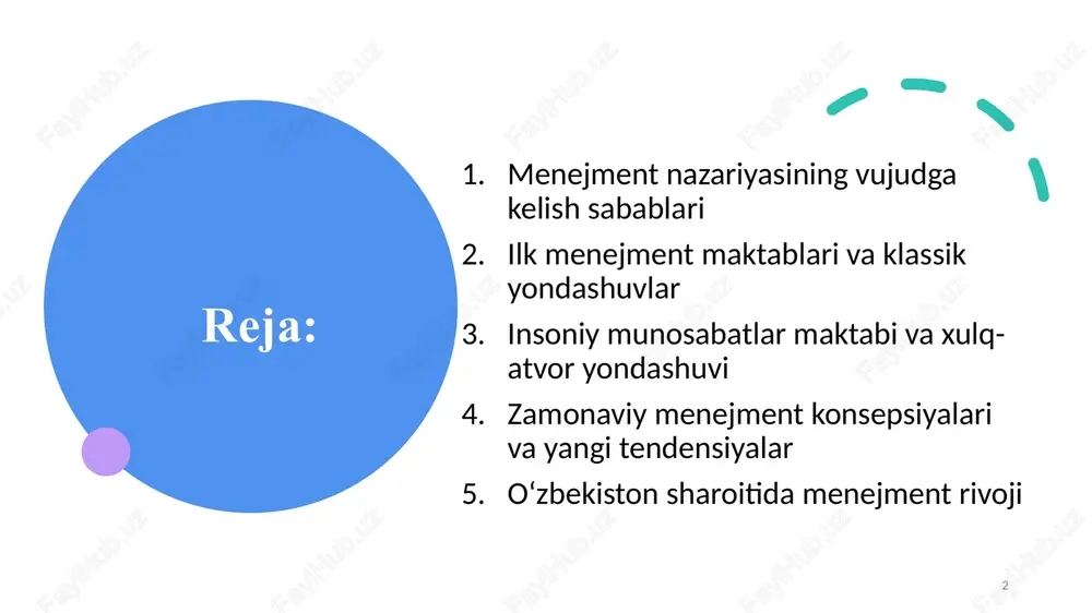 lish. u menejmentni har qanday tashkilotda muhim omil sifatida ko‘rsatdi. maks veber byurokratik boshqaruv modelini ishlab chiqdi. u tizimlilik, tartib, lavozimlar ierarxiyasi va rasmiy qoidalar asosida ishlovchi tashkilot modelini tavsiya etdi. ushbu klassik yondashuvlar zamonaviy menejmentning poydevorini tashkil etdi. 03.09.20gg nazvanie prezentatsii 7 7 insoniy munosabatlar maktabi va xulq-atvor yondashuvi 8 8 xx asrning 30-yillarida klassik yondashuvning kamchiliklari ko‘zga tashlana boshladi. uning asoschilari e. meyo va f. retlisberger bo‘lib, ishlab chiqarishda inson omilining roli yetarlicha e’tiborga olinmagani sababli yangi maktab – insoniy munosabatlar maktabi shakllandi. ular “xoutorn tajribalari” orqali ishchi kayfiyati , motivatsiya va ijtimoiy muhit mehnat unumdorligiga bevosita ta’sir ko‘rsatishini isbotladilar. keyinchalik bu yo‘nalish xulq-atvor yondashuviga aylandi. uning asosiy g‘oyasi shundaki, tashkilot faqat texnik tizim emas, balki ijtimoiy tizimdir. demak, boshqaruv insonning psixologik ehtiyojlari, motivlari va xatti-harakatlarini chuqur tushunishni talab etadi. 03.09.20gg nazvanie prezentatsii 9 zamonaviy menejment konsepsiyalari va yangi tendensiyalar 10 xx asrning ikkinchi yarmidan boshlab menejmentda tizimli, …