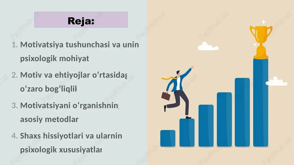 tabiiy sharoitda kuzatish orqali motivlarni tahlil qilish. so‘rovnoma va testlar — respondentlardan o‘z faoliyatidagi turtkilari haqida ma’lumot olish. eksperiment — shaxsning ma’lum vaziyatlarda qanday motiv bilan harakat qilishini tekshirish uchun maxsus sharoit yaratish. proyektiv metodlar — rorshax testi, tat (tematik appersepsiya testi) orqali shaxsning yashirin motivlarini aniqlash. intervyu va suhbat — shaxsning ichki dunyosini, niyat va maqsadlarini aniqlashda qo‘llanadi. shaxs hissiyotlari va ularning psixologik xususiyatlari hissiyot — bu insonning tashqi yoki ichki ta’sirotlarga nisbatan kechirgan subyektiv munosabati. u hayot faoliyatida muhim axborot manbai bo‘lib xizmat qiladi. shaxsning hissiyotlari uning xarakteri, temperamentiga, tarbiyasiga va tajribasiga bog‘liq holda shakllanadi. hissiyotlar ijobiy (quvonch, sevgi, hayrat, faxr) va salbiy (qo‘rquv, g‘azab, qayg‘u, hasad) turlarga bo‘linadi. ular inson faoliyatining dinamikasini belgilaydi, diqqat va xotira jarayonlariga ham ta’sir ko‘rsatadi. 20xx 7 7 xulosa motivatsiya va hissiyotlar inson ruhiyatining ajralmas tarkibiy qismlaridir. ular faoliyatning maqsadga yo‘naltirilganligini ta’minlaydi, shaxsni hayotda faol, irodali va muvaffaqiyatli bo‘lishiga undaydi. eksperimental psixologiyada …