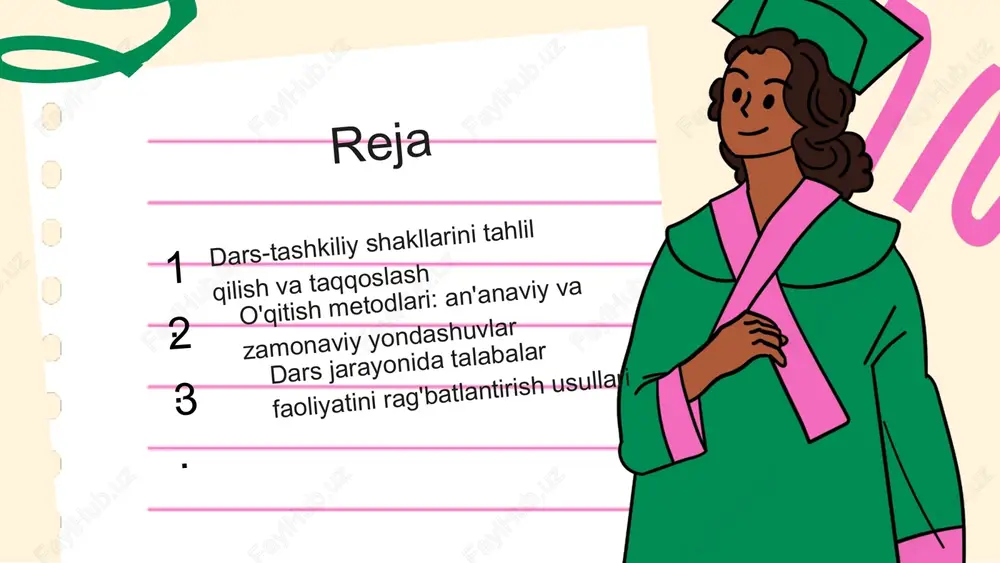 assiv ishtirokini talab qiladigan dars shaklidir. bu formatda o'qituvchi ma'lumotlarni taqdim etadi, o'quvchilardan ko'proq tinglash va yozish talab etiladi. dars shakllarining samaradorligi dars shakllarining samaradorligini baholash mezonlari quyidagilarni o'z ichiga oladi: - talabalar faol ishtiroki: samarali dars shakllari talabalar ishtirokini oshiradi, bu esa o'qish jarayonini yanada qiziqarli va interaktiv qiladi. - natijalar va erishuvlar: o'quvchilar bilim darajasi va natijalarini baholash, dars shakllarining samaradorligini ko'rsatadi. mislolar sifatida, an'anaviy darslar va interaktiv darslar o'rtasidagi farqni ko'rsatish orqali, talabalar natijalari o'zgarishini ko'rish mumkin. - o'qituvchi yondashuvlari: o'qituvchilarning dars shakllariga yondashuvi, o'quvchilarni qiziqtirishda muhim rol o'ynaydi. o'qituvchi tomonidan qo'llanilgan innovatsion metodlar, darsning samaradorligini oshirishi mumkin. - statistik ma'lumotlar: o'quvchilar natijalarini baholashda statistik ma'lumotlar muhim ahamiyatga ega. masalan, dars shakllarini o'zgartirish orqali talabalar o'rtasidagi muvaffaqiyat darajasi 15% ga oshdi. - o'qitish usullari misollari: mavzu bo'yicha turli o'qitish usullari keltirilishi mumkin, masalan, guruh ishlari, munozaralar, va loyiha asosida o'qitish orqali talabalar o'rtasida bilim almashinuvi va innovatsion …