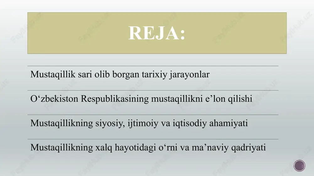 ek xalqining tarixiy merosini tiklashga xizmat qilgan bo‘lsa, ikkinchi tomondan, sovet imperiyasidan uzoqlashish ramzi bo‘ldi. shuningdek, 1989 yilda islom karimov o‘zbekiston kommunistik partiyasi markaziy qo‘mitasining birinchi kotibi etib saylandi. bu lavozimga mahalliy kadrning kelishi o‘zbek xalqining o‘z taqdirini o‘zi belgilashga bo‘lgan ishonchini mustahkamladi. bu davrda turli siyosiy tashkilotlar, nodavlat uyushmalar va ijtimoiy harakatlar paydo bo‘ldi. matbuotda oshkoralik kuchayib, ilgari aytilmagan tarixiy haqiqatlar ochiq e’lon qilina boshlandi. xalq orasida tarixiy shaxslar — jadidlar, alisher navoiy, amir temur, bobur merosiga qiziqish ortdi. bu holat mustamlaka mafkurasidan voz kechishga zamin yaratdi. mustaqillikka eltgan so‘nggi siyosiy voqealar (1990–1991 yillar) 1990 yilda sssrning siyosiy inqirozi tobora chuqurlashdi. shu yilning 20 iyunida o‘zbekiston ssr oliy soveti tomonidan “davlat suvereniteti to‘g‘risida deklaratsiya” qabul qilindi. bu hujjat o‘zbekistonning o‘z konstitutsiyasini, qonunlarini mustaqil ishlab chiqish, iqtisodiy va tashqi siyosatda mustaqil yo‘l tutish huquqini belgilab berdi. bu voqea tarixda o‘zbekiston mustaqilligining asosiy huquqiy poydevori sifatida baholanadi. 1991 yil 31 avgust …