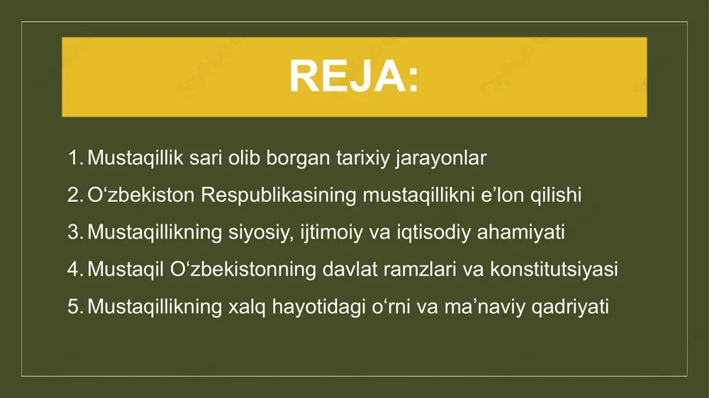 aqillik sari qadam bo‘ldi. bu huquqiy asos, bir tomondan, o‘zbek xalqining tarixiy merosini tiklashga xizmat qilgan bo‘lsa, ikkinchi tomondan, sovet imperiyasidan uzoqlashish ramzi bo‘ldi. shuningdek, 1989 yilda islom karimov o‘zbekiston kommunistik partiyasi markaziy qo‘mitasining birinchi kotibi etib saylandi. bu lavozimga mahalliy kadrning kelishi o‘zbek xalqining o‘z taqdirini o‘zi belgilashga bo‘lgan ishonchini mustahkamladi. bu davrda turli siyosiy tashkilotlar, nodavlat uyushmalar va ijtimoiy harakatlar paydo bo‘ldi. matbuotda oshkoralik kuchayib, ilgari aytilmagan tarixiy haqiqatlar ochiq e’lon qilina boshlandi. xalq orasida tarixiy shaxslar — jadidlar, alisher navoiy, amir temur, bobur merosiga qiziqish ortdi. bu holat mustamlaka mafkurasidan voz kechishga zamin yaratdi. mustaqillikka eltgan so‘nggi siyosiy voqealar (1990–1991 yillar) 1990 yilda sssrning siyosiy inqirozi tobora chuqurlashdi. shu yilning 20 iyunida o‘zbekiston ssr oliy soveti tomonidan “davlat suvereniteti to‘g‘risida deklaratsiya” qabul qilindi. bu hujjat o‘zbekistonning o‘z konstitutsiyasini, qonunlarini mustaqil ishlab chiqish, iqtisodiy va tashqi siyosatda mustaqil yo‘l tutish huquqini belgilab berdi. bu voqea tarixda o‘zbekiston mustaqilligining …