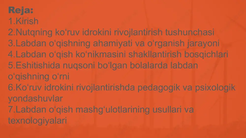 iyatda faol ishtirok etishi uchun asosiy vositalardan biridir. bu ko‘nikma insonni atrof bilan aloqa qilishda ruhiy izolyatsiyadan qutqaradi, o‘z fikrini tushunarlik tarzda bildirishga yordam beradi. 7 labdan o‘qish oson jarayon emas. chunki so‘zlarning ko‘pi lab harakati jihatidan bir-biriga o‘xshash bo‘ladi. masalan, “b”, “p”, “m” tovushlari lab harakati jihatidan deyarli farqsizdir. shu sababli labdan o‘qishda kontekst, yuz ifodasi, bosh va tana harakati kabi qo‘shimcha belgilar ham muhim ahamiyatga ega. bu ko‘nikmani o‘rgatishda bola dastlab oddiy tovush va so‘zlardan boshlaydi. keyinchalik murakkab so‘z birikmalari, gaplar va matnlar ustida ishlanadi. o‘qituvchi yoki logoped bola bilan individual tarzda ishlaydi, og‘zaki nutq bilan birgalikda vizual tasavvurini kuchaytiradi. labdan o‘qish ko‘nikmasini shakllantirish bosqichlari labdan o‘qish ko‘nikmasi bosqichma-bosqich shakllanadi: dastlabki bosqich – bola lab harakatlarini farqlashni o‘rganadi. u tovushlarni og‘iz shakli orqali tanishga kirishadi. tovush darajasida farqlash – “a”, “o”, “u”, “e” kabi unli tovushlar, “b”, “p”, “m” kabi undosh tovushlarning labdagi farqlarini ajratadi. so‘z darajasida o‘qish …