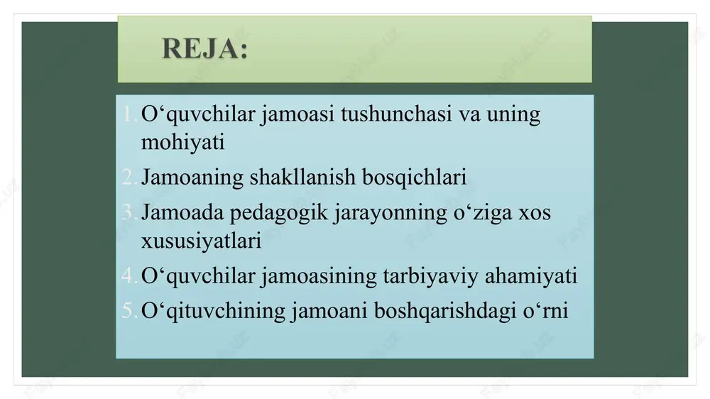 a xos xususiyati shundan iboratki, u oddiy bolalar jamoasini emas, balki o‘quvchilar jamoasini shakllantiradi. o‘quvchilarning asosiy vazifasi o‘qishdan iborat. shuning uchun sinf rahbari dastavval bolalarning o‘qishga qanday munosabatda ekanliklarni, o‘zlarini darsda qanday tutishlarni, uy vazifalarni sidqidildan bajarishlarni yoki bajarmasliklarni aniqlaydi va nihoyat eng muhimi – ularning o‘qishdagi muljallari ijtimoiy mohiyatga molik yoki molik emasligi hisoblanadi. jamoa qanday bosqichda turmasin, uning oldida bir vaqtqning o’zida yaqin, o’rta va uzoq istiqbollar bo’lishi kerak. ekskursiya, madaniy yurish, shaxar tashqarisiga sayrdan xursandchilik yetkazadigan qiziqarli ishlar tanlanadi, bu kichik tadbirlarni tayyorlash talabalarning faol pedagogik yordam ostida muayyan kuch-g’ayrat sarflashlarini va tashkilotchilik fazilatlarini namoyon etishlarini talab qiladi. bunday jamoa tadbirlarini o’tkazish chog’ida faol talabalar aniqlanadi. tarbiyaviy ishlar tabiiy muhitda amalga oshadi; o‘quvchilar bir-biridan o‘rnak oladi; mas’uliyat, hamkorlik va o‘zaro hurmat shakllanadi; shaxsiy faollik ijtimoiy manfaat bilan uyg‘unlashadi. o‘quvchilar jamoasida tarbiya jarayoni o‘zaro ta’sirga asoslanadi, ya’ni o‘qituvchi, o‘quvchi va jamoa o‘rtasidagi hamkorlik bir butun tizimni tashkil etadi. …
