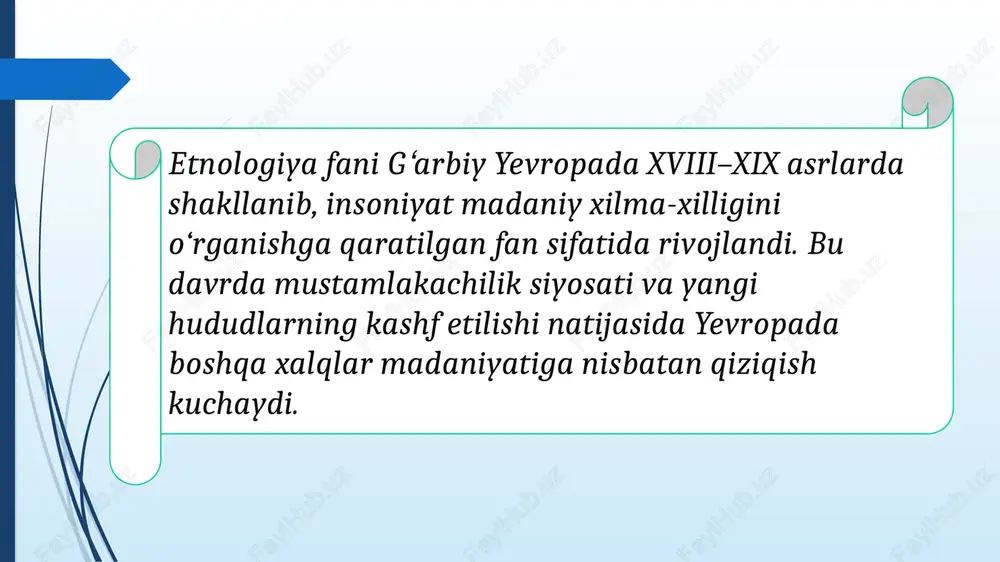 afik tavsif asosiy metodlarga aylandi. madaniyatlarning rivojlanishini evolyutsion va diffuzion yo‘nalishlarda tahlil qilish etnologiyaning asosiy yo‘nalishlaridan bo‘ldi. radkliff-braun va malinovskiy jamiyatning tuzilmasi, ijtimoiy institutlarning o‘zaro aloqalarini o‘rganish orqali etnologiyani boyitdilar. g‘arbiy yevropa mamlakatlarida etnologiya ko‘pincha mustamlakachilik siyosatini asoslash vositasi sifatida ham ishlatilgan. etnologiya strukturalizm, funksionalizm, simvolik va interpretativ yondashuvlar asosida rivojlandi. klod levi-strossning ishlari muhim o‘rin tutdi. levi-stross madaniyatni belgilar tizimi sifatida tahlil qilib, inson tafakkurining universalligini ta’kidladi. fransuz etnologiyasi sotsiologiyaga yaqin bo‘lsa, ingliz etnologiyasi amaliy antropologiyaga yo‘naltirilgan. nemis olimlari milliy madaniyatni chuqur o‘rgandilar. volkskunde va madaniy antropologiya yo‘nalishlari shakllandi. bugungi yevropa etnologiyasi global madaniyat, migratsiya, identitet va ijtimoiy o‘zgarishlarni o‘rganadi. ko‘plab universitetlarda etnologiya mustaqil fan sifatida o‘qitiladi va madaniyatlararo muloqotda muhim rol o‘ynaydi. g‘arbiy yevropada etnologiya fanining shakllanishi uzoq tarixiy jarayon natijasi bo‘lib, bugungi kunda ham madaniyatlararo tushunishni rivojlantirishda muhim o‘rin tutadi. etnologiya inson huquqlari, madaniy merosni saqlash va ijtimoiy adolat masalalariga e’tibor qaratmoqda. foydalanilgan adabiyotlar 1. teylor e.b. …