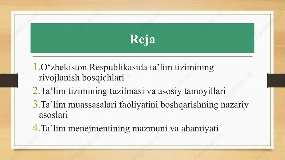 n mustaqil tarzda hamkorlik qilish yo`llarini ochib berishi, ta`lim muassasalari uchun o`quv dasturlari rejalarini tanlab olishda muayyan erkinliklar berishi, tajriba-sinovlar o`tkazishni rag`batlantirish, ta`limning noan`anaviy turlarini yaratish va ularni rivojlantirishga, eng asosiysi, ta`limdagi tashabbuskorlik va ijodkorlikka keng shart-sharoitlar yaratishi kerak edi. ta`lim tizimidagi islohotlar va ularning maqsad va yo`nalishlari. mustaqilligimizning poydevorini mustahkamlashda, mamlakatimiz taraqqiyotida, o`zbekistonning buyuk davlatga aylanishida ta`lim-tarbiya ishlarini oqilona yo`lga qo`yish, fuqarolarni zamonaviy ilm-fan, madaniyat, texnika va texnologiya yutuqlari bilan muntazam ravishda tanishtirib borish benihoya katta ahamiyatga ega. chunki taraqqiyot taqdirini ma`naviy jihatdan yetuk, texnikaviy bilimlar va murakkab texnologiyani egallagan, irodasi baquvvat, iymoni butun, zamonaviy fikrlaydigan, yuksak salohiyatli odamlar hal etadi. kelajak taqdirimizga hal qiluvchi ta`sir ko`rsatadigan asosiy omil – fan-texnika, madaniyat, ma`rifat, ta`lim-tarbiya, ijtimoiy-iqtisodiy munosabatlar borasidagi yangiliklar va yutuqlarni, jahon mamlakatlari tajribalarini keng ko`lamda o`rganish, rivojlantirish va hayotga joriy etishdir. ilm-fan, madaniyat va ma`rifat har qanday mamlakat va xalqni yuksaklikka ko`taradi, uning taraqqiyotini ta`minlaydi, kelajagini oldindan ko`rsatib beradi. …