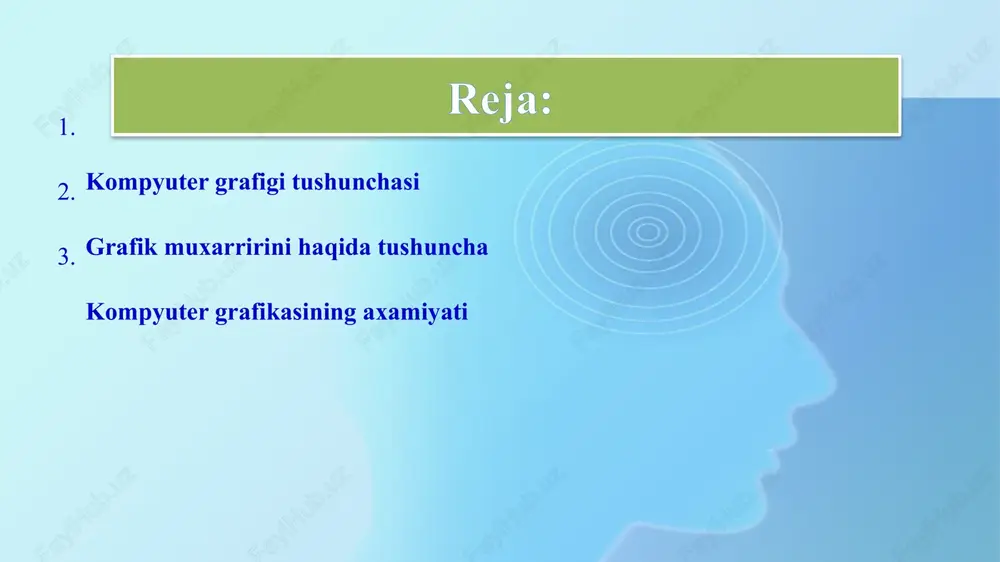 mpyuterga o’tkazish unchalik qiyin emasligini siz yaxshi bilasiz. kompyuterga tasvirni kiritish uchun uni albatta skanerlash, rasmga olish yoki uni ushlab olish shart emas. tasvirni kompyuterning o’zida xam xosil qilish mumkin. buning uchun grafik muxarrirlar deb ataluvchi maxsus das­turlar sinfi ishlab chiqilgan. axborotni grafik shaklda ishlab chiqish, taqdim etish, ularga ishlov berish, shuningdek, grafik ob'ektlar va fayl­larda bo`lgan nografik ob'ektlar o`rtasida bog’lanish urnatishni informatikada kompyuter grafikasi deb atash qabul qilingan. maxsus kompyuter dasturlari xuddi bir varak oq qog’ozga qalam yoki ruchka bilan xar xil rasmlarni solish singari kompyuter ekranida sichkoncha yordamida rasm chizish, ya'ni tasvir tuzish, tuzatish va ularni harakatlantirish imkonini yaratdi. bu dasturlar rasm solish programmalari yoki grafik redaktorlar hisoblanib, ular yordamida rasmning elementlari boshqarib boriladi. kompyuter grafikasining juda tez rivojlanib borishi va uning texnikaviy va dasturiy vositalarining yangilanib turilishi kursni h amisha takomillashtirishga, bu sohadagi yangi yo’nalishlarni tinmay o’ rganib borishni takozo etadi. hech qaysi zamonaviy mulptimedia dasturi komppyuter …
