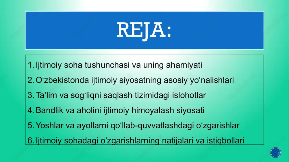 in egallaydi. shu sababli o`zbekiston respublikasi prezidenti tomonidan qadriyatlar, urf-odatlar, buyuk ota-bobolarimizning bizga qoldirgan meroslarini o`rganish va tarqib etish uchun keng yo`llar ochildi. bu boradagi tadbirlar mustaqilligimizning dastlabki kunlaridanoq amalga oshirila boshladi. o‘zbekistonda ijtimoiy siyosatning asosiy yo‘nalishlari so‘nggi yillarda o‘zbekiston respublikasi prezidenti tomonidan “inson qadri uchun” tamoyili asosida ijtimoiy sohani rivojlantirish strategik yo‘nalish sifatida belgilandi. bu yo‘nalish quyidagilarga qaratilgan: aholining ijtimoiy himoyasini kuchaytirish; sog‘liqni saqlash tizimini isloh qilish; ta’lim sifatini oshirish; bandlikni ta’minlash va kambag‘allikni qisqartirish; yoshlar va ayollarni qo‘llab-quvvatlash. shuningdek, “yangi o‘zbekiston taraqqiyot strategiyasi – 2030”da ham ijtimoiy soha ustuvor yo‘nalishlardan biri sifatida qayd etilgan. ta’lim va sog‘liqni saqlash tizimidagi islohotlar ta’lim sohasida “ta’lim to‘g‘risida”gi qonun va “kadrlar tayyorlash milliy dasturi” asosida keng islohotlar amalga oshirilmoqda. so‘nggi yillarda maktabgacha ta’lim muassasalari soni keskin oshdi, oliy ta’limga kirish imkoniyatlari kengaydi, dual ta’lim tizimi joriy qilindi. sog‘liqni saqlash tizimida esa aholining tibbiy xizmatlardan foydalanish imkoniyatini yaxshilash, shoshilinch yordam tizimini kuchaytirish, tibbiy …