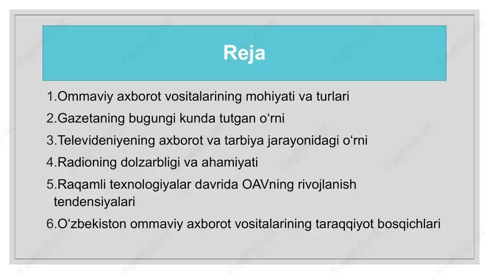 , xinhua, «amerika ovozi», «fergana.ru», eurasianet muxbirlari erkin ishlamoqdalar. 20.10.2025 o’zbekistonda jamoatchilik bilan aloqalar, xalq bilan muloqot muhim ijtimoiy institutga aylanmoqda. jamoatchilik fikri – fuqarolik jamiyatini o’zida aks ettiradigan bamisoli bir ko’zgu ekanligi hayotda o’z isbotini topmoqda. prezidentimiz shavkat mirziyoyev 2017 yil 27 iyun – matbuot va ommaviy axborot vositalari xodimlari kuni munosabati bilan soha xodimlariga yo’llagan tabrigida ta‘kidlanganidek, ―xalq bilan muloqot, odamlarning orzu-intilishlari, dardu tashvishlari bilan yashash davlat siyosati darajasiga ko’tarilayotgan bugungi kunda har bir ommaviy axborot vositasi chinakam muloqot maydonchasiga, erkin fikr minbariga aylangan taqdirdagina biz o’z oldimizga qo’ygan maqsadlarga erisha olamiz‖ 20.10.2025 20.10.2025 o’zbekiston respublikasining 2014 yil 5 mayda qabul qilingan ―davlat hokimiyati va boshqaruvi organlari faoliyatining ochiqligi to’g’risida‖gi qonunida (1- ilova) axborot xizmatlarining huquqiy asosi mustahkamlandi. o’zbekiston respublikasi vazirlar mahkamasining 2018 yil 17 fevralda qabul qilingan ―o’zbekiston respublikasi davlat va xo’jalik boshqaruvi organlarining axborot xizmatlari faoliyatini yanada takomillashtirish chora-tadbirlari to’g’risida‖gi 125- qarorida (2-ilova) davlat va xo’jalik …