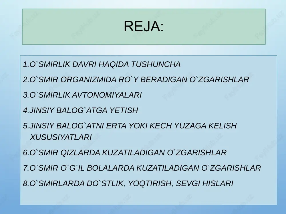 sixologik, fiziologik, ijtimoiy omillar bilan bog`liq. bu davrda rivojlanishning barcha jihatlari: jismoniy, aqliy, axloqiy, ijtimoiy va shu kabilarning mazmun mohiyati ham o`zgaradi. bu davrda o`smir hayotida, uning ruhiyati, organizmining fiziologik holatlarida, uning ijtimoiy holatida jiddiy o`zgarishlar sodir bo`ladi. aksariyat holatlarda ularda bir-biriga qaramaqarshi bo`lgan turli xil an`analar kuzatiladi. bu davrga kelib bola endi «bola» emas va shu bilan birga hali «katta» ham emas. uning o`z-o`ziga va atrofdagilarga nisbatan bo`lgan munosabatlari butunlay boshqacha xarakter kashf etib boradi. o`smir organizmida ro`y beradigan o`zgarishlar o`smir organizmida ro`y beradigan o`zgarishlar shundan iboratki, bola rivojlanishining ayni shu davrida biologik, fiziologik yetukligi borasida tub o`zgarishlar amalga oshadi. fiziologik rivojlanish va jinsiy balog`atga yetish jarayonining yangi bosqichi boshlanadi. organizmdagi o`zgarishlar bevosita o`smir endokrin sistemasining o`zgarishi bilan boshlanadi. bu davrda gipofiz bezining vazifalari faollashadi. uning old qismidan ajralib chiqadigan garmon organizm to`qimalarining o`sishi va boshqa muhim ichki sekretsiya bezlari (qalqonsimon bez, buyrak usti va jinsiy bezlar) ishlashini kuchaytiradi. …