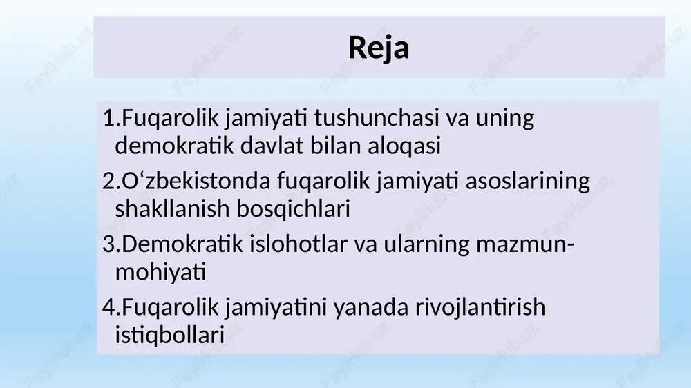 berildi. negaki, busiz adolatli jamiyat qurib bo‘lmaydi. ana shunday imkoniyatlar yaratilgandan keyingina, har bir insonning taqdiri, turmushi, jamiyatdagi o‘rni uning o‘ziga, salohiyatiga mehnat qilish istagi, oqil-u uddaburonligiga bog‘liq bo‘ladi. 1993- yil 2- sentabrda „fuqarolarning o‘zini o‘zi boshqarish organlari to‘g‘risida“ o‘zbekiston respublikasining qonuni qabul qilindi. unga binoan, qishloq, posyolka (shaharcha)larda davlat hokimiyati vakillik organlari — qishloq, posyolka sovetlari tuzilmaydigan bo‘ldi, ularning o‘rniga o‘zini o‘zi boshqarish organlari — mahalla qo‘mitalari tuzildi. shunday qilib, fuqarolarning o‘zini o‘zi boshqarish organlari mahalliy hokimiyat tizimidan ajratildi. biroq ular bir-biridan mutlaqo ajratilgan holda faoliyat ko‘rsatmaydi, ularning bog‘liq tomonlari mavjud. ular o‘rtasidagi munosabatlarning huquqiy asoslari „mahalliy davlat hokimiyati to‘g‘risida“ gi qonunda belgilab qo‘yilgan. har ikkalasi ham mahalliy ahamiyatga molik masalalarni hal qiladi. xalq deputatlari viloyat, tuman, shahar kengashlari fuqarolarning o‘zini o‘zi boshqarishni rivojlantirishga ko‘maklashadi, o‘zini o‘zi boshqarish organlari faoliyatini yo‘naltirib turadi. fuqarolik jamiyatining asosiy belgilariga quyidagilar kiradi: qonun ustuvorligi; inson huquqlari va erkinliklarining kafolatlanishi; erkin so‘z va fikr …
