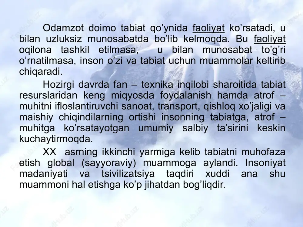 sa 200 – 274 kg bo’g’doy kerak bo’ladi. bu mahsulotni yetishtirish uchun dehqon (fermer) har bir gektar yerdan 5 tonna atrofida hosil olib, yiliga 17 odamni boqishi lozim. hozirgi kunda yangi texnologiyalarni qo’llash va quruqlikning kerakli joylaridan samarali foydalanish bilan 10 mlrd. odamni ozuqa bilan ta’minlash mumkin ekan. obrazets teksta vtoroy uroven tretiy uroven chetvertiy uroven pyatiy uroven obrazets teksta vtoroy uroven tretiy uroven chetvertiy uroven pyatiy uroven hozirgi paytda sayyoramizdagi foydali yerlarning maydoni 13,5 mlrd gektarga teng. shundan 1,4 gektar madaniy yerlar (ekinzor bog’lar), 1,1 mlrd yerlar buzilgan, ya’ni o’simliklar o’stirish uchun keraksiz bo’lib qolgan, tejamkorsizlik bilan ishlatilgan maydonlar 4,4 mlrd gektar, cho’l, yarim cho’l, arktika, antarktika, yuqori tog’li cho’llar maydoni – 3,3 mlrd gektar, insonning salbiy faoliyati natijasida foydali yerlarning 1 mlrd gektari cho’llarga qo’shilgan. 2050 yilga kelib yer yuzi aholisi 8 mlrd. ga ko’payishi kutilmoqda. ob – havoning global o’sib ketishi natijasida tabiatda turli xil xavf – …