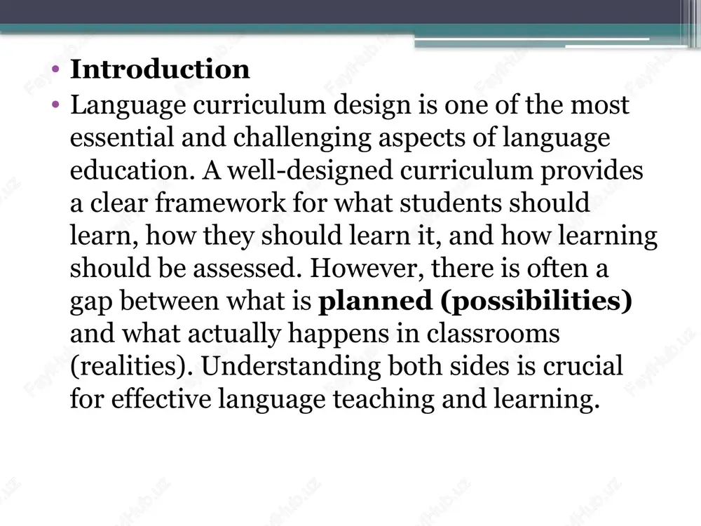 learning) according to the learners’ needs and institutional context. e. materials and resources: textbooks, authentic materials, digital tools, and other resources should support the curriculum goals. the choice of materials can either enhance or limit the learning experience. f. assessment and evaluation: evaluation must measure not only knowledge but also skills and communicative competence. both formative (ongoing) and summative (final) assessments are essential. possibilities in language curriculum design there are many ideal possibilities when designing a language curriculum: learner-centered design: tailoring the curriculum to students’ real needs and interests. integration of skills: listening, speaking, reading, and writing taught together to reflect real communication. use of technology: digital tools, online platforms, and multimedia can make learning interactive and flexible. cultural integration: teaching language along with cultural awareness fosters global understanding. task-based learning: engaging learners in meaningful tasks to develop practical language skills. continuous improvement: curricula can be reviewed and updated regularly …