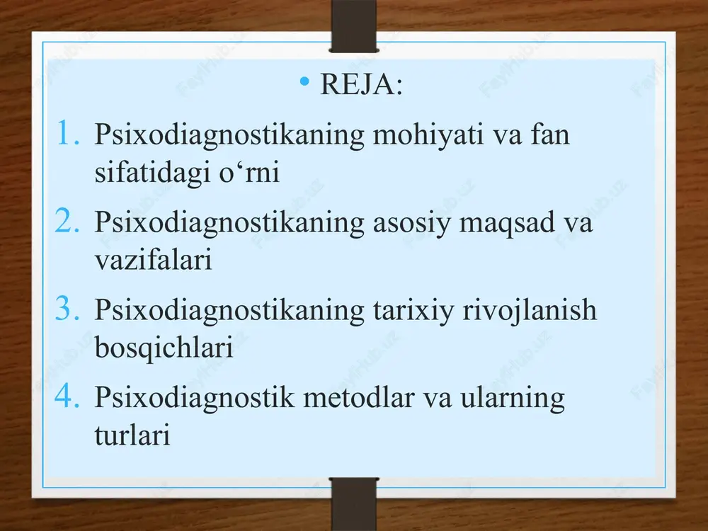 diagnostik tajribalar f. galton, a. bine, v. vundt kabi olimlarning asarlarida uchraydi. a. bine va t. simon 1905 yilda bolalarning aqliy darajasini o‘lchovchi ilk testni yaratdilar. o‘zbekistonda esa psixodiagnostika sohasining shakllanishi mustaqillikdan keyin jadal rivojlandi. bu psixodiagnostika tarixidagi eng muhim qadam bo‘ldi. keyinchalik r. kettell, g. ayzenk, k. jung, z. freyd singari olimlar shaxs tahlili va psixik tipologiyalarni ishlab chiqdilar. toshkent davlat pedagogika universiteti va milliy universitet huzurida maxsus laboratoriyalar tashkil etildi. psixodiagnostik metodlar va ularning turlari psixodiagnostikada ko‘plab metodlar mavjud. ularni uch guruhga ajratish mumkin: kuzatish metodlari – inson xulqini tabiiy sharoitda tahlil qilish. eksperimental metodlar – maxsus sharoitlarda psixik jarayonlarni o‘rganish. test metodlari – standart savol va topshiriqlar asosida shaxs xususiyatlarini aniqlash. shuningdek, suhbat, anketalar, proektiv testlar (masalan, rorshax testi, tat – tematik apperseptsiya testi) ham keng qo‘llaniladi. shaxs psixologiyasida psixodiagnostikaning ahamiyati shaxs psixologiyasi insonning individual xususiyatlarini, temperament, xarakter, motivatsiya va qobiliyatlarini o‘rganadi. shu jarayonda psixodiagnostika muhim vosita …