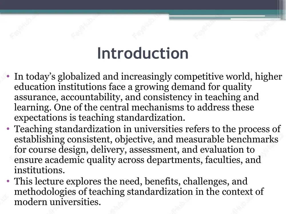 t standardization allows for the collection and analysis of performance data, which can then inform decision-making and continuous improvement. key areas of teaching standardization a) curriculum standardization common learning outcomes credit hour requirements core vs. elective course structure curriculum review cycles b) learning outcomes and objectives courses must clearly define intended learning outcomes (ilos) outcomes aligned with bloom’s taxonomy and national qualification frameworks (e.g., eqf, aqf) c) teaching methods and delivery defined instructional models (e.g., blended learning, flipped classroom) minimum teaching hours use of educational technologies and lms platforms d) assessment standards standardized rubrics for evaluation transparent grading policies moderation processes to avoid bias clear alignment between assessment tasks and learning outcomes e) faculty qualifications and responsibilities defined academic and professional criteria for instructors training in pedagogy and digital literacy peer observation and feedback practices f) student support services uniform access to academic advising, counseling, and library services standardized feedback …