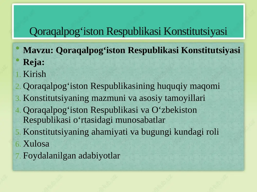 o‘zbekiston respublikasi tarkibiga kiruvchi suveren demokratik respublikadir, deb belgilangan. o‘zbekiston respublikasi konstitutsiyasining 71-moddasida, qoraqalpog‘iston respublikasining o‘z konstitutsiyasiga ega bo‘lishligi, uning o‘zbekiston respublikasi konstitutsiyasiga zid bo‘lmasligi ko‘rsatilgan. shuni ta’kidlash joizki sobiq ittifoq davrida avtonom respublikalarning konstitutsiyalari ular qaysi respublikalar tarkibiga kiritilgan bo‘lsa o‘sha davlat hokimiyatining oliy organlari tomonidan tasdiqlanishi shart edi. o‘zbekiston o‘z mustaqilligini qo‘lga kiritib bu adolatsizlikka chek qo‘ydi. qoraqalpog‘iston suveren respublikasi bilan mustaqil o‘zbekiston respublikasining bir-butun yaxlitligi mustahkamlangan. qoraqalpog‘iston respublikasi konstitutsiyasi 1993-yil 9-aprelda qabul qilingan bo‘lib, u 6 bo‘lim, 20 bob va 88 moddadan iborat. uning asosiy maqsadi — qoraqalpog‘iston xalqining manfaatlarini himoya qilish, fuqarolik jamiyatini shakllantirish, inson huquqlarini ta’minlash va davlat boshqaruvini huquqiy asosda tashkil etishdir. konstitutsiyaning mazmuni va asosiy tamoyillari suverenitet va mustaqillikni saqlash; xalq hokimiyati prinsipi; qonun ustuvorligi; fuqarolarning tengligi va erkinligi; ijtimoiy adolat va demokratiya; tabiatni muhofaza qilish va ekologik xavfsizlikni ta’minlash. konstitutsiyaning bosh tamoyillari quyidagilardan iborat: bu tamoyillar asosida qoraqalpog‘iston respublikasi siyosiy, iqtisodiy va …