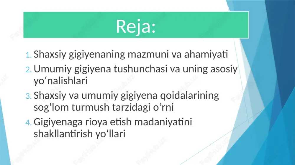 ham ajralmas bo‘lagidir. umumiy gigiyena tushunchasi va uning asosiy yo‘nalishlari umumiy gigiyena — bu atrof-muhit, turar joy, suv, havo, oziq-ovqat va ishlab chiqarish sharoitlarining sog‘lomlikka ta’sirini o‘rganuvchi fan tarmog‘idir. u shuningdek, jamoat joylarida tozalikni saqlash, chiqindilarni to‘g‘ri tashlash, suv va havo sifatini nazorat qilish kabi masalalarni qamrab oladi. umumiy gigiyenaning asosiy yo‘nalishlariga quyidagilar kiradi: aholi sanitariyasi – jamoat joylari, maktab, bog‘cha, korxona va transport vositalarida gigiyenik talablarning bajarilishini nazorat qilish; oziq-ovqat gigiyenasi – mahsulotlarni saqlash, tayyorlash va iste’mol qilishda gigiyenik me’yorlarga rioya etish; suv va havo gigiyenasi – toza ichimlik suvi va toza havodan foydalanishni ta’minlash; ekologik gigiyena – tabiatni asrash, chiqindilarni qayta ishlash va ekologik xavfsizlikni saqlash. ter bezlari maxsuloti bo’lmish, ter modda almashinuvi qoldiklarini chiqarib tashlashda ma’lum axamiyatga ega. ter ta’mi shur bo’lgan rantsiz tinik suyuklik. xona xaroratida katta yoshli odam bir kunda 400 – 600 ml. ter ajratadi. tarkibida: 99% suv, siydikchil moddalar, siydik kislotasi, amiak va …