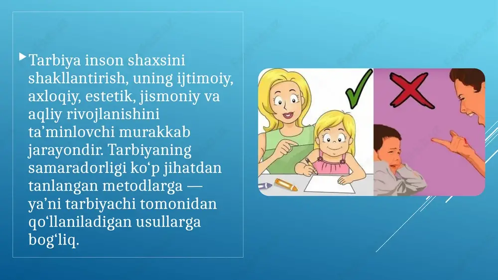 olash metodlari jazo – bu tuzatish vositasi. maqsadi: xatoni anglash, o‘zini nazorat qilishga o‘rgatish. u hech qachon haqorat yoki jazolash shaklida bo‘lmasligi kerak. o‘zini tahlil qilish, baholash, kunlik yuritish orqali shaxsda mustaqil fikr va mas’uliyat shakllanadi. bu metod ichki intizomni kuchaytiradi. metodni tanlash omillari omillar: yosh xususiyatlari, jamoa darajasi, tarbiyaviy maqsad, pedagog tajribasi, milliy qadriyatlar. metodlar bir tizimda qo‘llanadi. metodlar kompleks tarzda ishlaydi: suhbat – ong, mashq – xulq, rag‘bat – barqarorlik. shu uyg‘unlik samarali tarbiyani ta’minlaydi. milliy qadriyatlar metodlarga ta’sir etadi: kattaga hurmat, kichikka izzat, ota-onaga ehtirom, xalq og‘zaki ijodi. tarbiya xalq ruhiyati bilan bog‘liq. interfaol metodlar, akt, trening, mentorlik. ular yoshlarning ijodkorligini va mustaqil fikrini rivojlantiradi. tarbiyachi – jarayonning markaziy figarasi. u halol, sabrli, mehribon, namunaviy bo‘lishi kerak. shaxsiy ibrat – eng ta’sirli vosita. xulqdagi ijobiy o‘zgarish, intizom, mustaqillik, ijtimoiy faollik. bu ko‘rsatkichlar tarbiyaning muvaffaqiyatini aniqlaydi. tarbiyaning umumiy metodlari shaxsni har tomonlama kamolga yetkazuvchi vositalardir. ular uyg‘un qo‘llanganda …