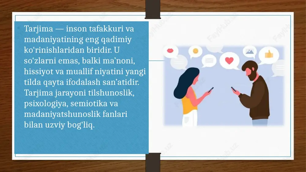 tilda ifodalaydi. tarjima faoliyati jamiyat ehtiyojlari va talablariga mos ravishda shakllanadi. siyosiy, iqtisodiy va ijtimoiy kontekst tarjima mazmuniga bevosita ta’sir qiladi. tarjimon — bu oddiy til biluvchi emas, balki intellektual va estetik sezgirlikka ega ijodkor shaxsdir. mashinaviy tarjima dasturlari, terminologik bazalar, avtomatik tahrir vositalari tarjimon ishini yengillashtiradi. ammo sun’iy intellekt hali ham kontekst, madaniyat va hissiy ohangni to‘liq anglay olmaydi. tarjimonning eng muhim vazifasi — muallif g‘oyasiga sodiq qolish. u o‘z qarashlarini matnga singdirmasligi kerak. bugungi kunda tarjima nazariyasida kommunikativ, pragmatik va semiotik yo‘nalishlar faol qo‘llanilmoqda. peter newmark, e. nida va l. venuti nazariyalari bunga misoldir. e. nida tarjimada muammolar va yechimlar ekvivalentlikning yo‘qligi, frazeologizmlar, milliy kolorit, metafora va terminlarning to‘g‘ri uzatilmasligi tarjimada eng ko‘p uchraydigan muammolardir. xulosa tarjima — bu tildan tilga o‘tish emas, balki tafakkur, madaniyat va hissiyotlar o‘rtasida ko‘prik yaratish jarayonidir. tarjimaga ta’sir etuvchi omillar: til tizimi, madaniy tafovut, psixologik holat, texnologik vositalar va ijtimoiy kontekstdir. image7.jpeg …