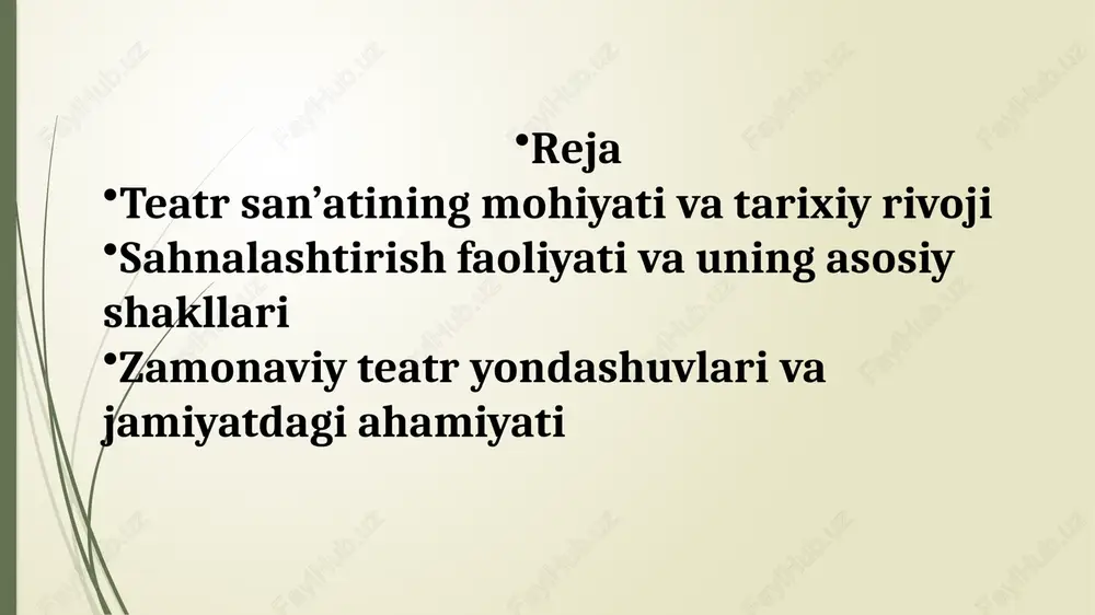ejissyorlik talqini asosida sahna yechimini topish; aktyor obrazlarini yaratish; dekoratsiya, libos, musiqa, yoritish orqali umumiy badiiy uyg‘unlikni ta’minlashdan iborat. 1. dramatik teatr so‘z, dialog va harakat asosida qurilgan. bu shaklda obrazlarning ruhiy kechinmalari asosiy o‘rinda turadi. misollar: shakespeare’ning “hamlet”, o‘zbek teatrida hamza hakimzoda niyoziyning “zaharli hayot”, abdulla qodiriyning “baxtsiz kuyov” asarlari. 2. musiqali teatr opera, operetta, musikal kabi shakllar musiqiy ifoda bilan dramatik harakatni uyg‘unlashtiradi. opera – baland san’at darajasi bo‘lib, kuylash orqali his-tuyg‘ular ifodalanadi. operetta va musikal esa yengil, ommaviy ko‘rinishdagi sahna san’atidir. 9 10 3. balet va raqs teatri ruhiy holat va hikoya so‘zsiz, harakat va raqs vositasida ifodalanadi. masalan, p. chaykovskiyning “oqqush ko‘li”, o‘zbekistonda “lazgi” baleti. 4. pantomima teatri so‘zsiz ifodaning eng yuqori shakli bo‘lib, aktyor mimika, harakat va tana tili orqali fikrni yetkazadi. 5. kukla teatri qo‘g‘irchoqlar orqali insoniy fazilatlar, voqealar badiiy talqin etiladi. bu teatr turi asosan bolalar auditoriyasiga mo‘ljallangan. 6. eksperimental teatr 11 sahnalashtirish …