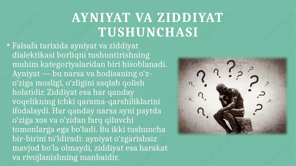 t hech qachon mutlaq emas. chunki har bir mavjudot, hodisa vaqt o‘tishi bilan o‘zgaradi, rivojlanadi. shu ma’noda, ayniyat ziddiyatdan ajralgan holda mavjud bo‘la olmaydi. ziddiyat harakat va rivojlanishning ichki manbai hisoblanadi. har qanday mavjudlik o‘z ichida qarama-qarshiliklarni olib yuradi. ular bir-biriga ta’sir qilib, yangi holatlar, yangi sifatlar paydo bo‘lishiga sabab bo‘ladi. shu sababli, ziddiyatni harakatning negizi sifatida ko‘rish falsafaning asosiy g‘oyalaridan biridir. ayniyat va ziddiyat o‘zaro aloqasi ayniyat va ziddiyat o‘zaro uzviy bog‘langan. ular bir-birini inkor qilmasdan, balki to‘ldirib turadi. agar faqat ayniyat mavjud bo‘lsa, o‘zgarish bo‘lmaydi. agar faqat ziddiyat bo‘lsa, tizim parchalanadi. demak, rivojlanish ularning muvozanatida, o‘zaro harakatida namoyon bo‘ladi. dialektik tafakkurda har bir narsa o‘zida ayniyat va ziddiyatni birlashtiradi. bu birlik o‘zgarishning doimiyligini, rivojlanishning uzluksizligini ta’minlaydi. shuning uchun ham falsafiy tahlilda bu ikki tushunchani birgalikda o‘rganish zarur. gegelning dialektikasi ayniyat va ziddiyatning o‘zaro birligiga asoslanadi. unga ko‘ra, har bir g‘oya o‘z ziddiyatini o‘zida olib yuradi, shu ziddiyat orqali …