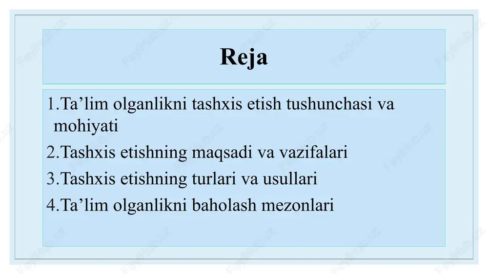 ganuvchi fan. bu suz 1613 yili germaniyada nemis pedagogi volfgang ratke (1571-1635 yillar) tomonidan kiritildi. bu tushunchani shunga uxshash usulda buyuk chex pedagogi yan amos komenskiy (1592-1670 yillar) “buyuk didaktika” nomli mashxur asarida tilga oladi. lekin komenskiy “didaktika bu fakat ta`limgina emas, balki tarbiyalash xam”, deb ta`kidlaydi. mazkur asarda olim ta`lim nazariyasining muxim masalalari: ta`lim mazmuni, ta`limning kurgazmaliligi, ketma-ketligi kabi tamoyillari, sinf-dars tizimi borasida suz yuritadi. didaktikaning predmeti, funksiyalari va vazifasi. pedagogika fani ta`lim va tarbiya jarayonini ularning yaxlitligi va birligi asosida urganadi. ikki faoliyatning xar birining moxiyatini anik bayon etish uchun didaktika (ta`lim nazariyasi) va tarbiya nazariyasini ajratib kursatadilar. tashxis etishning maqsadi va vazifalari ta’lim olganlikni tashxis etishning asosiy maqsadi – o‘quvchilarning o‘zlashtirish darajasini aniqlash, o‘qitish metodikasini takomillashtirish va individual yondashuvni ta’minlashdir. asosiy vazifalar: o‘quvchining bilim, ko‘nikma va malakasini baholash; o‘quv dasturiga muvofiqlikni aniqlash; o‘qitish jarayonida mavjud kamchiliklarni ko‘rsatish; individual yondashuv asosida ta’lim strategiyasini belgilash; ta’lim natijalarini tahlil qilish …