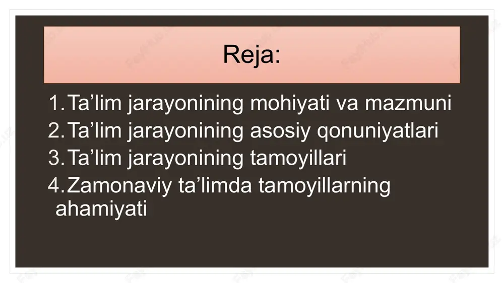 ining bilim olishga bo‘lgan ichki ehtiyoji ta’limning samaradorligini belgilaydi. faollik qonuniyati – o‘quvchi faolligi qancha yuqori bo‘lsa, ta’lim jarayoni shuncha samarali kechadi. bilimlarni izchillik bilan berish qonuniyati – yangi bilimlar ilgari o‘zlashtirilgan bilimlar zaminida shakllanadi. nazariya va amaliyot birligi qonuniyati – o‘qitish jarayonida o‘rganilgan bilimlar amaliy faoliyatda qo‘llanishi zarur. shaxsning individual xususiyatlarini hisobga olish qonuniyati – har bir o‘quvchi o‘z qobiliyatiga ko‘ra o‘qitilishi kerak. tarbiyaning ta’lim bilan uzviy bog‘liqligi qonuniyati – ta’lim faqat bilim berish emas, balki shaxsni tarbiyalash vositasidir. ta’lim jarayonining tamoyillari tamoyillar — bu ta’limni tashkil etishning umumiy qoidalari, yo‘nalishlari bo‘lib, ular pedagogik faoliyatda muhim metodologik asos vazifasini bajaradi. asosiy tamoyillar quyidagilardir: ilmiylik tamoyili – o‘quv materiali ilmiy asoslangan bo‘lishi, zamonaviy fan yutuqlariga tayanishi kerak. tizimlilik va izchillik tamoyili – ta’lim bosqichma-bosqich, tartibli ravishda tashkil etiladi. onglilik va faollik tamoyili – o‘quvchi bilimni ongli ravishda, mustaqil faoliyat orqali o‘zlashtiradi. ko‘rgazmalilik tamoyili – bilimlar ko‘rgazmali vositalar yordamida mustahkamlanadi. nazariya …