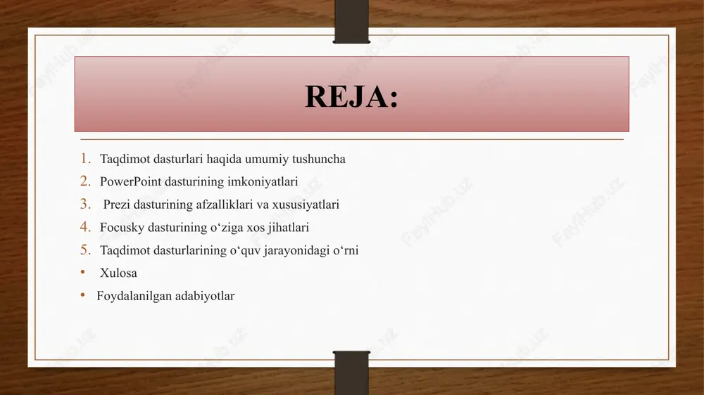 arini xam bajarish mumkin. saqlash joyi powerpoint shablonlarini saqlaydigan papkaga darhol o'zgartiradi. ushbu joylashuvni o'zgartirmang yoki powerpoint sizdan yana foydalanishni tanlasangiz, qaerda fayl izlashni bilmaydi. faylni eski bo'sh lavhaga (yoki shunga o'xshash) ayting. original asl dizayn shabloni bo'sh taqdimot deb nomlanadi, shuning uchun fayl uchun juda original yangi nom. powerpoint fayl kengaytmasiga qo'shiladi .pot faylini bu shablonli fayl emas, balki taqdimot (.ppt) fayli ekanligini bilib oladi. faylni yoping. yangi standart taqdimotni yarating eslatma : ushbu o'zgarishlarni slayd ustasiga va sarlavha ustasiga qo'ying, shunda taqdimotingizdagi har bir yangi slayd yangi xususiyatlarga ega bo'ladi. maxsus ustasi andozalari va master slaydlarida ushbu qo'llanmani o'qing. ushbu yangi bo'sh ko'rsatuv shabloni uchun xohlagan o'zgarishlarni bajaring, masalan: 1.fon rangi o'zgarishi 2.shrift turlarini va ranglarini o'zgartirish 3.logotip kabi rasmlar va grafikalar qo'shing va natijalaringizdan xursand bo'lganingizda faylni saqlang. powerpoint xizmatini keyingi safarga kiritishda siz formatlashni yangi, bo'sh dizayn shabloni sifatida ko'rasiz va tarkibingizni qo'shishni boshlashingiz mumkin. prezi …