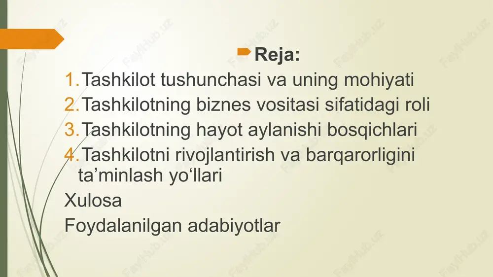 isoblanadi. shu sababli, har bir biznesning asosi tashkilotdir. tashkilot biznes vositasi sifatida quyidagi asosiy funksiyalarni bajaradi: resurslarni boshqaradi – moliya, xodim, vaqt va texnologiyalarni to‘g‘ri taqsimlaydi; bozor talabini o‘rganadi – mijoz ehtiyojlarini aniqlab, mos mahsulot yoki xizmat taklif etadi; foyda keltiruvchi strategiyalar ishlab chiqadi – samarali boshqaruv orqali raqobatda ustunlikka erishadi; innovatsiyalarni joriy etadi – texnologik yangiliklar orqali ishlab chiqarish va xizmat sifatini oshiradi; ijtimoiy barqarorlikka hissa qo‘shadi – ish o‘rinlari yaratadi, soliq to‘laydi va ijtimoiy loyihalarni qo‘llab-quvvatlaydi. tashkilot faoliyatining asosiy tamoyillari tashkilotning muvaffaqiyatli ishlashi bir qator boshqaruv tamoyillariga asoslanadi: aniq maqsadga yo‘naltirilganlik – tashkilotning barcha bo‘limlari yagona maqsad sari harakatlanadi; boshqaruv tizimining soddaligi – rahbariyat va xodimlar o‘rtasida samarali aloqa o‘rnatiladi; javobgarlik va motivatsiya – har bir xodim o‘z vazifasiga mas’ul bo‘ladi; moslashuvchanlik – tashqi muhit o‘zgarishlariga tez javob qaytarish imkoniyati mavjud bo‘ladi; samaradorlik – resurslardan eng yuqori natijani olishga intilish. bu tamoyillar har qanday tashkilotning uzoq muddatli muvaffaqiyatini …