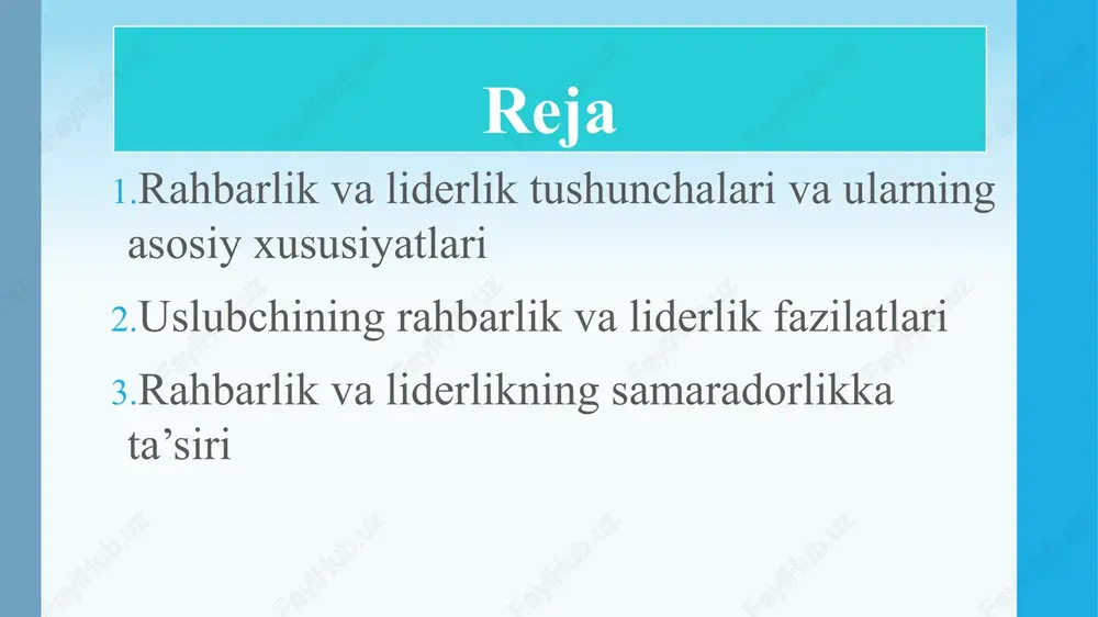 ar va natijalarga to‘liq javobgarlik; xodimlar bilan muloqot: ishchi va jamoa a’zolari bilan samarali aloqalarni o‘rnatish. rahbarlik fazilatlari tizimli va metodik bo‘lib, tashkilotning maqsadlariga erishishda muhim rol o‘ynaydi. uslubchining liderlik fazilatlari uslubchining liderlik fazilatlari liderlik fazilatlari esa ko‘proq shaxsiy va psixologik xususiyatlar bilan bog‘liq: motivatsiya va ilhomlantirish: jamoani yuqori natijaga yetaklash; karizma: boshqalarga ta’sir ko‘rsatish va hurmat qozonish; tashabbuskorlik: yangi g‘oyalar va o‘zgarishlarni ilgari surish; kommunikativ qobiliyat: samarali muloqot va baham ko‘rish; moslashuvchanlik: o‘zgaruvchan sharoitlarda tezkor qaror qabul qilish. o‘z hamkasblarining hurmatini qozonishi va ularga o‘z vazifalarini muvaffaqiyatli bajarishlarida yordam berish uchun uslubchi qanday rahbarlik sifatlariga ega bo‘lishi lozim. uslubchi faqat yaxshi nazariy tayyorgarlikkagina emas, balki bilimlarni amalda qo‘llash ko‘nikmasiga ham ega bulishi zarur. tajribali uslubchining tashabbuskorligi va ishga ijodiy yondoshishi: g‘oyalarini umumlashtira bilish, maqsadga muvofiq ishlash, har bir tarbiyachining imkoniyat va qobiliyatlarini hisobga olishiga qarab farqlanadi. uslubchining psixologik xususiyatlari uslubchining samarali rahbar va lider bo‘lishi uchun quyidagi psixologik xususiyatlar …